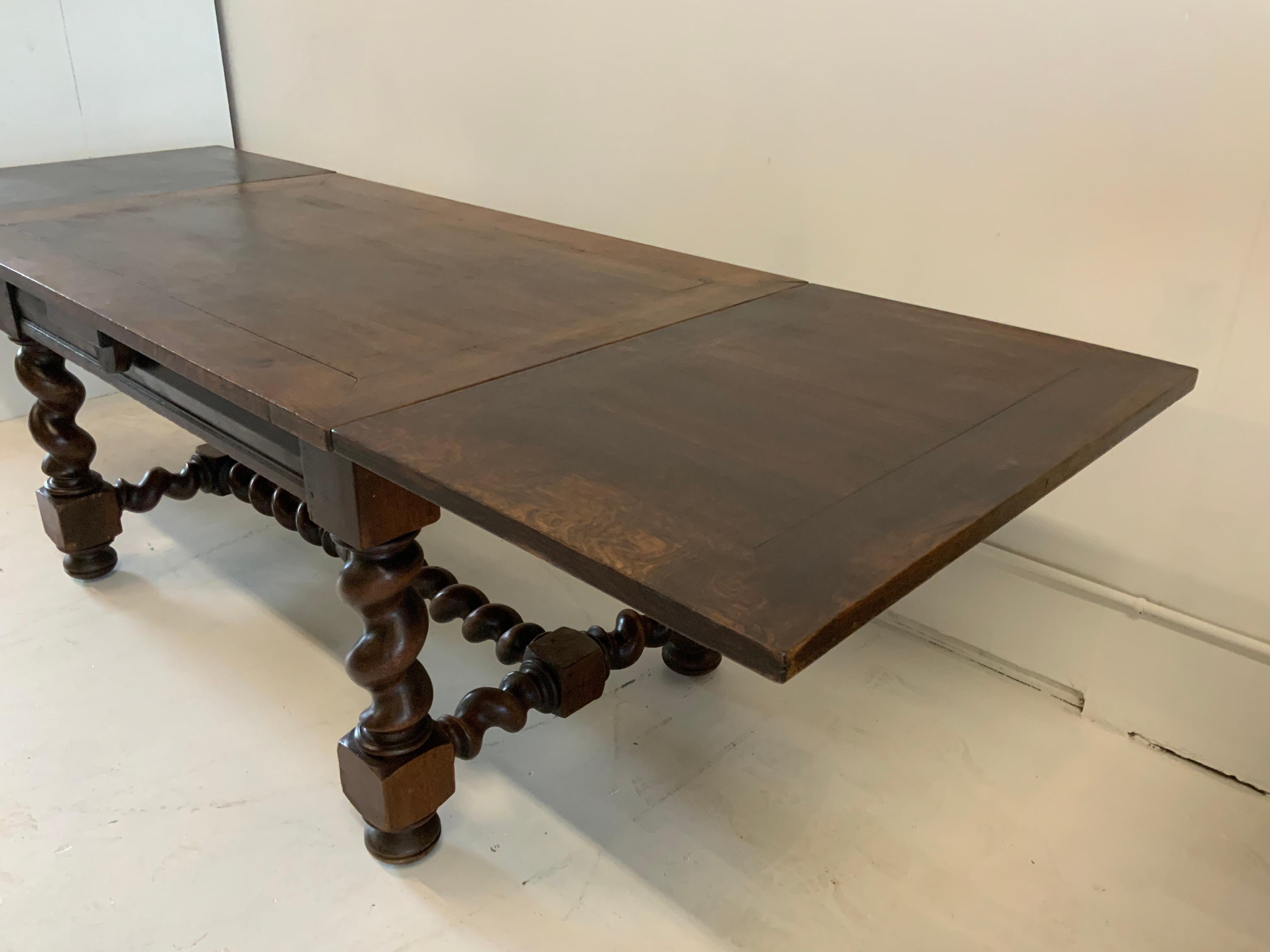 French Farm Dining Table Henry II Style, Varnished with 2 Slide Out Leaves 2