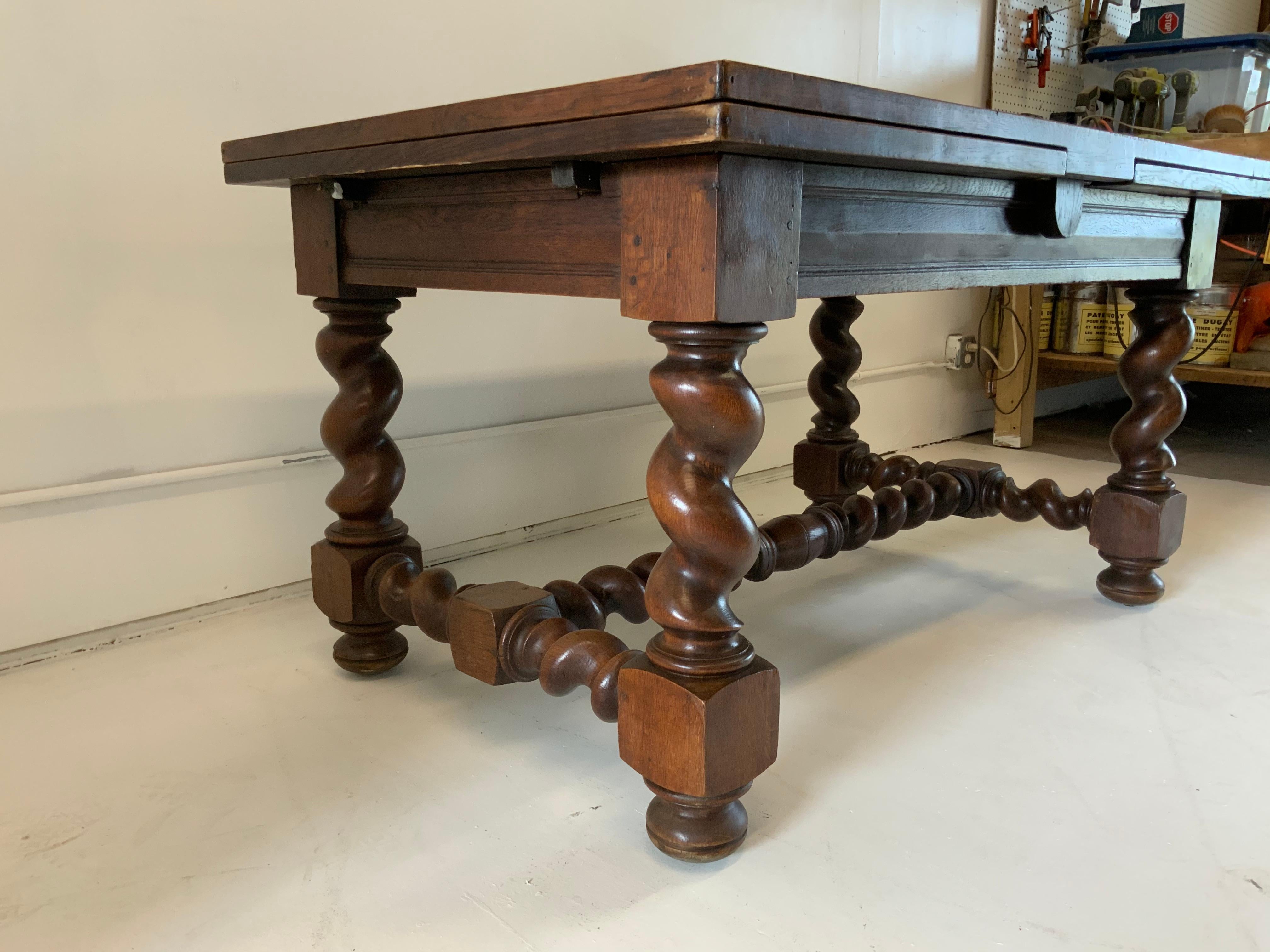 French Provincial French Farm Dining Table Henry II Style, Varnished with 2 Slide Out Leaves