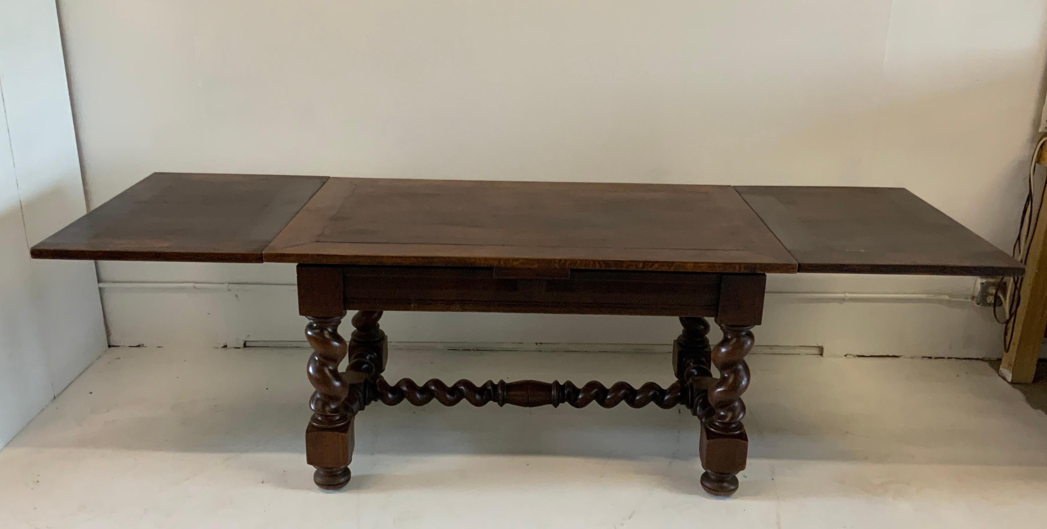 French Farm Dining Table Henry II Style, Varnished with 2 Slide Out Leaves 1