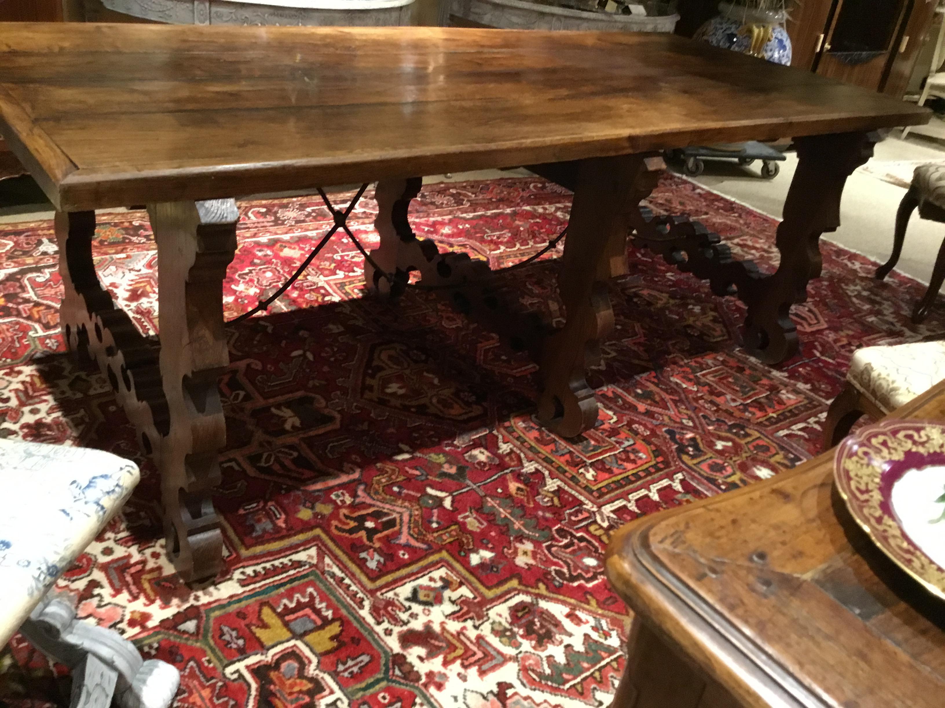 Oak French Farm House Table, 19th Century with Ox Bow Ends and Iron Stretchers For Sale