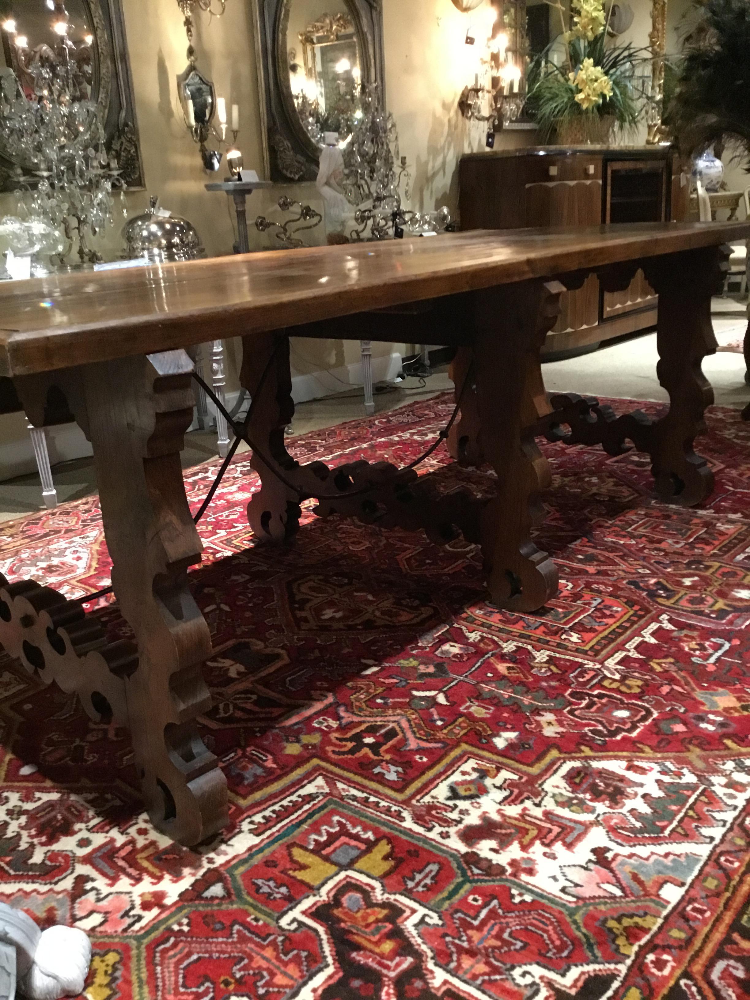 French Farm House Table, 19th Century with Ox Bow Ends and Iron Stretchers For Sale 2