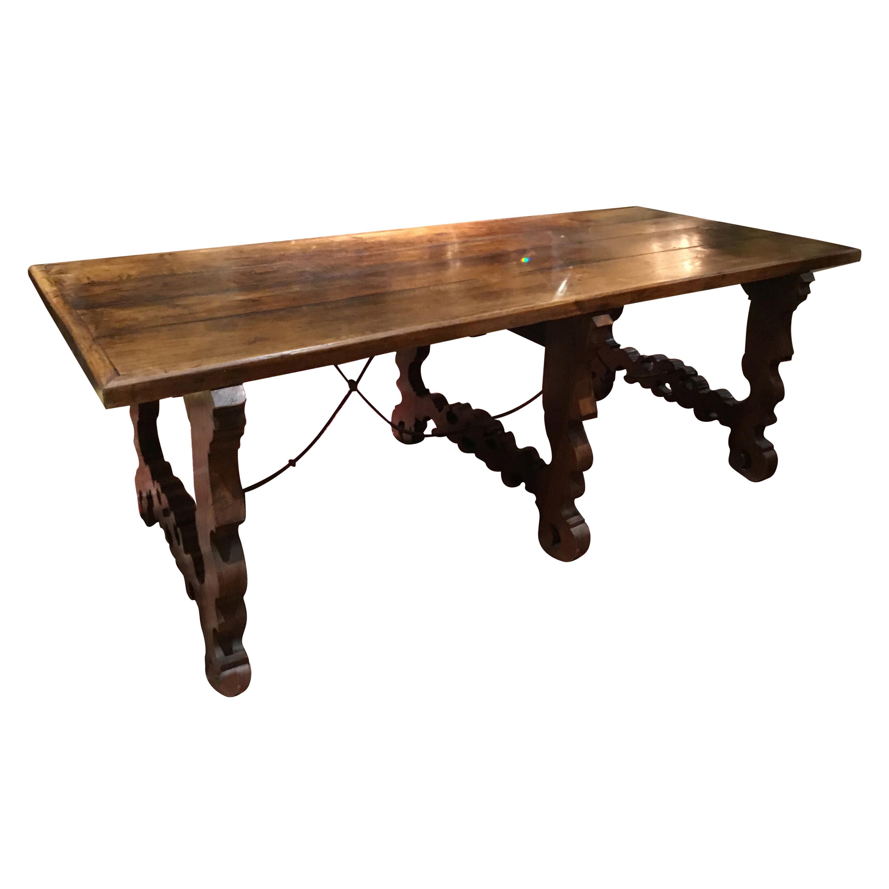French Farm House Table, 19th Century with Ox Bow Ends and Iron Stretchers For Sale