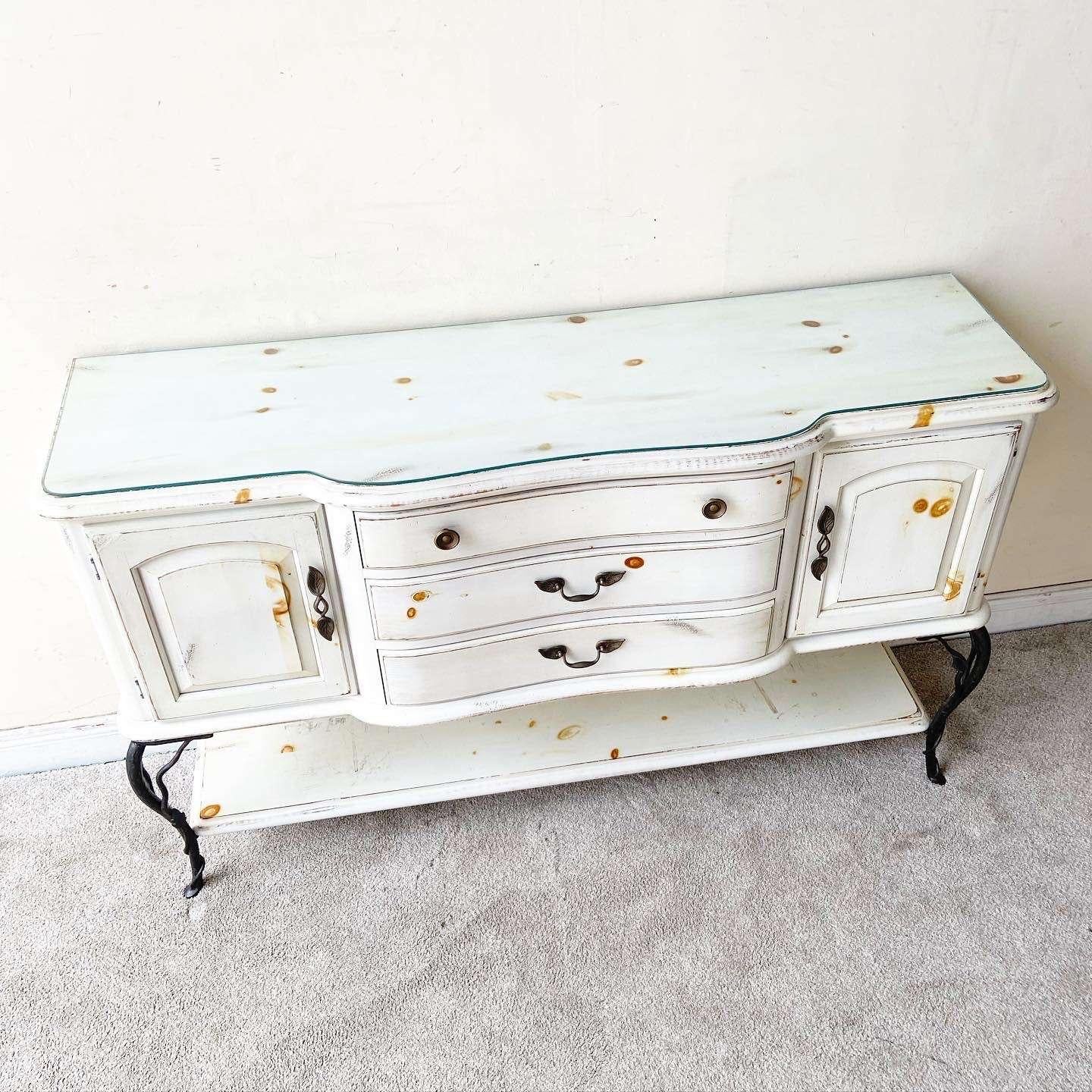 American French Farm House White Credenza With Iron Legs For Sale
