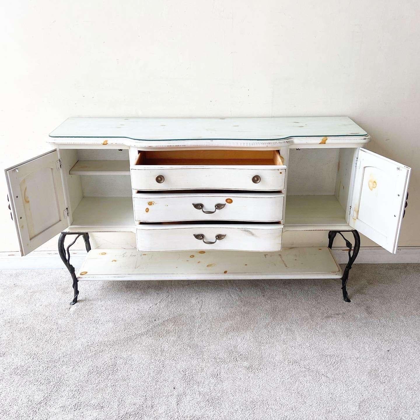 French Farm House White Credenza With Iron Legs For Sale 1