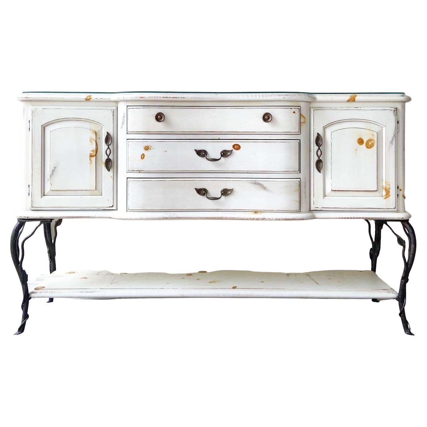 French Farm House White Credenza With Iron Legs For Sale