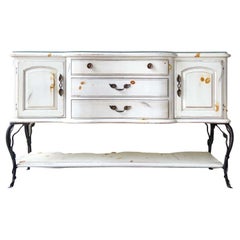 Used French Farm House White Credenza With Iron Legs