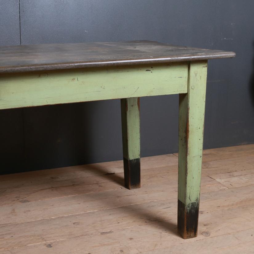 19th century French original painted zinc top farm table, lovely worn patination to the top and base, 1890

24.5 inch clearance under the rail.

Reference: 5459

Dimensions:
93.5 inches (237 cms) Wide
31 inches (79 cms) Deep
29.5 inches (75