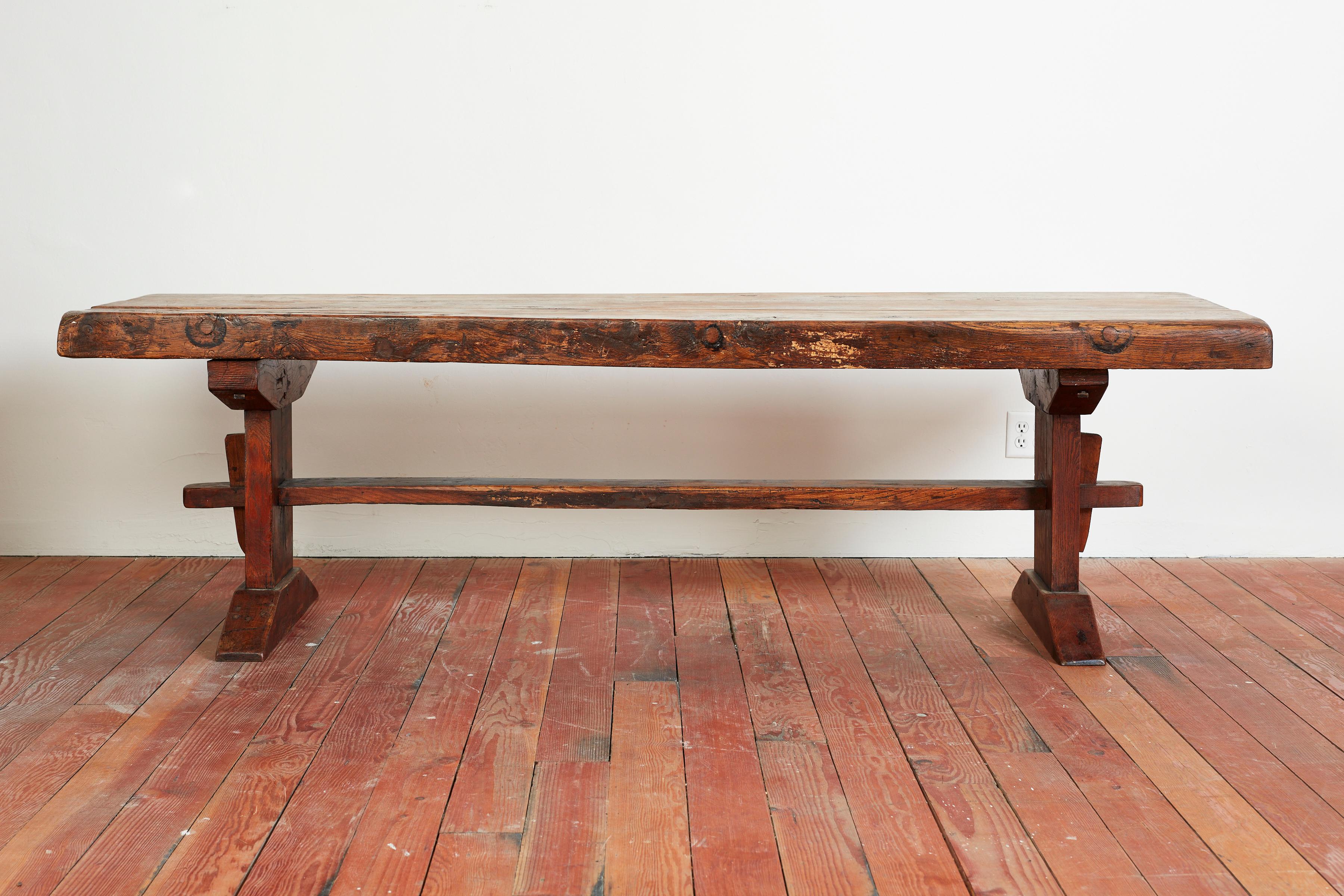 Absolutely beautiful French Oak farm table - France, 1940s
Thick dark oak with gorgeous patina and visible dark grain and knots within the oak wood.