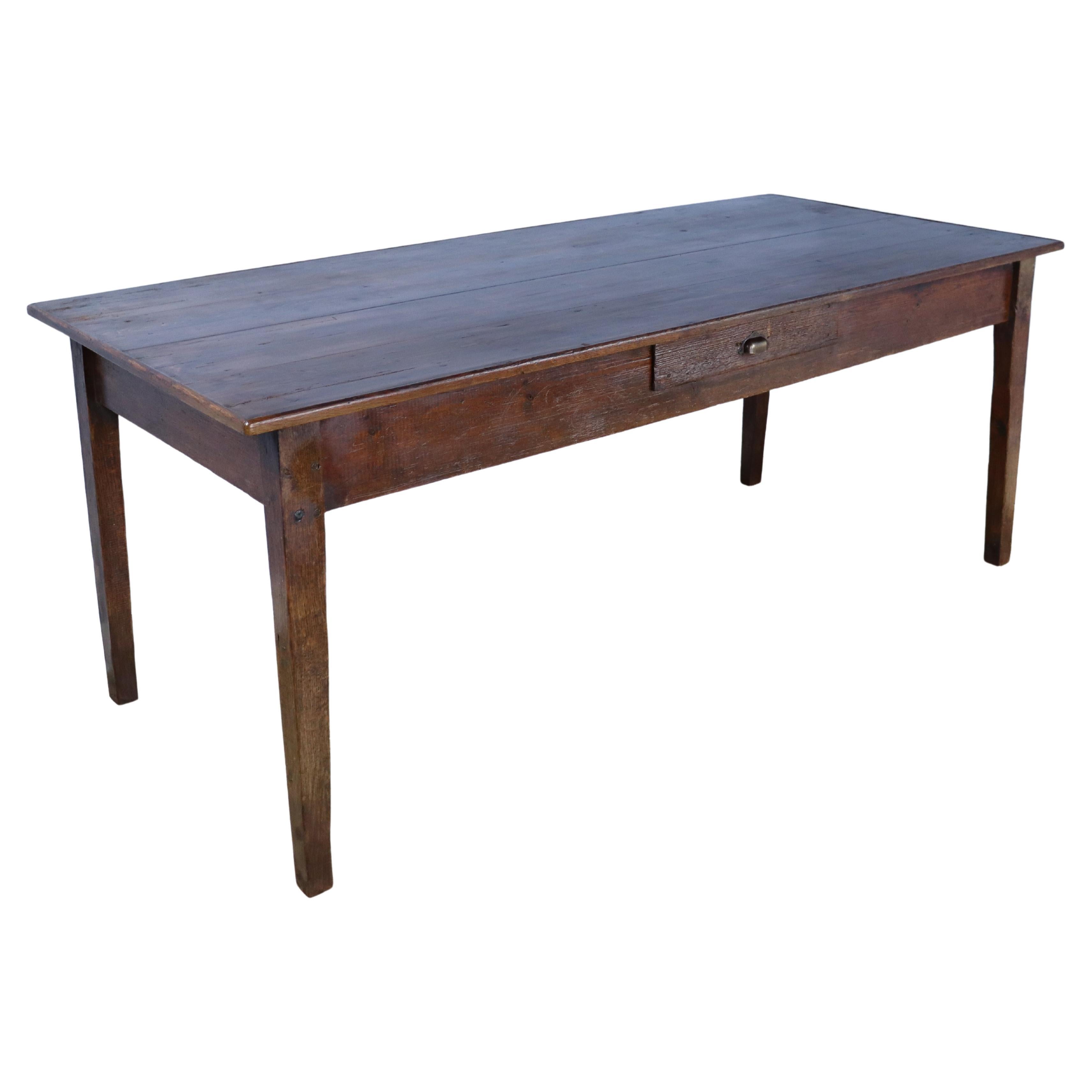 French Farm Table with Chestnut Base, Pine Top with Decorative Edge For Sale