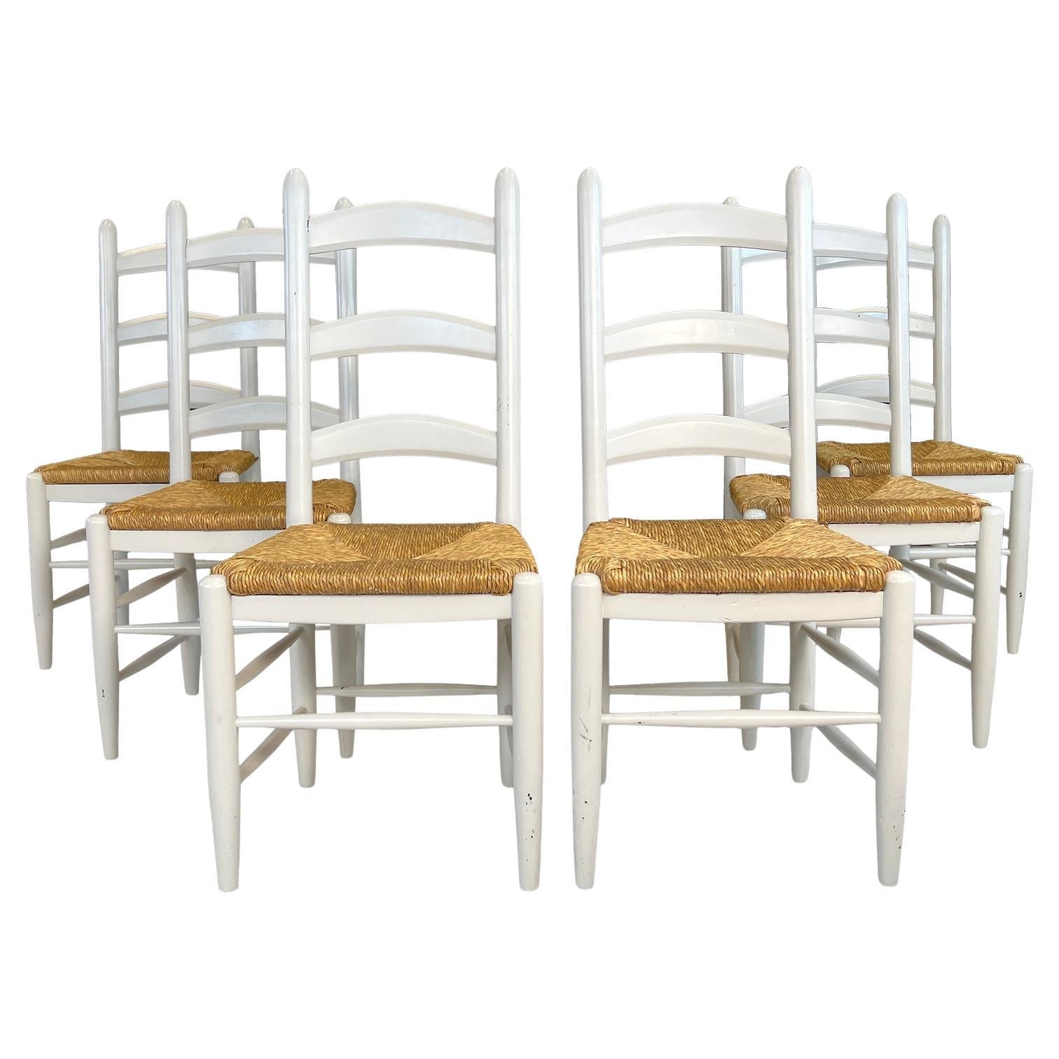 French Farmhouse Oak Ladder Back Dining Chairs With Rush Woven Seats - Set of 6