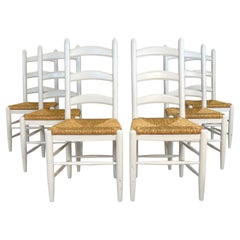 French Farmhouse Oak Ladder Back Dining Chairs With Rush Woven Seats - Set of 6
