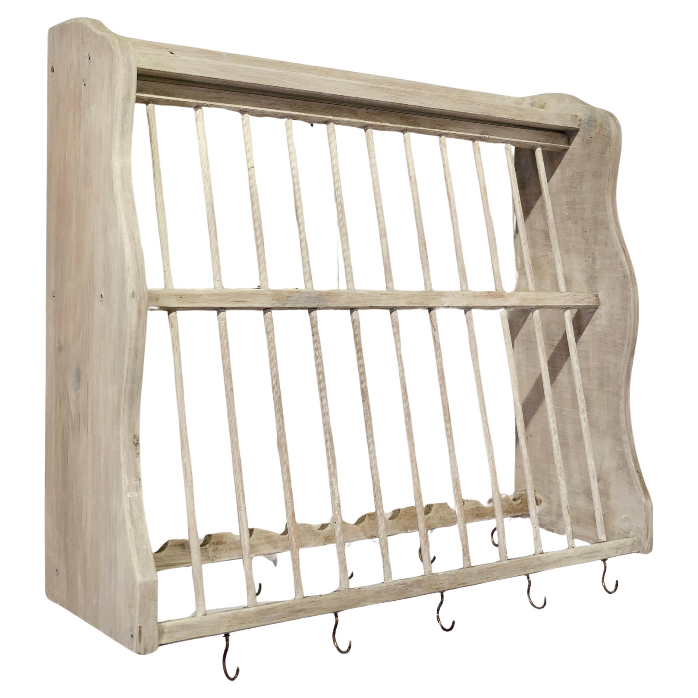 French Farmhouse Pine Plate Rack  This useful piece hangs on the wall and drains For Sale