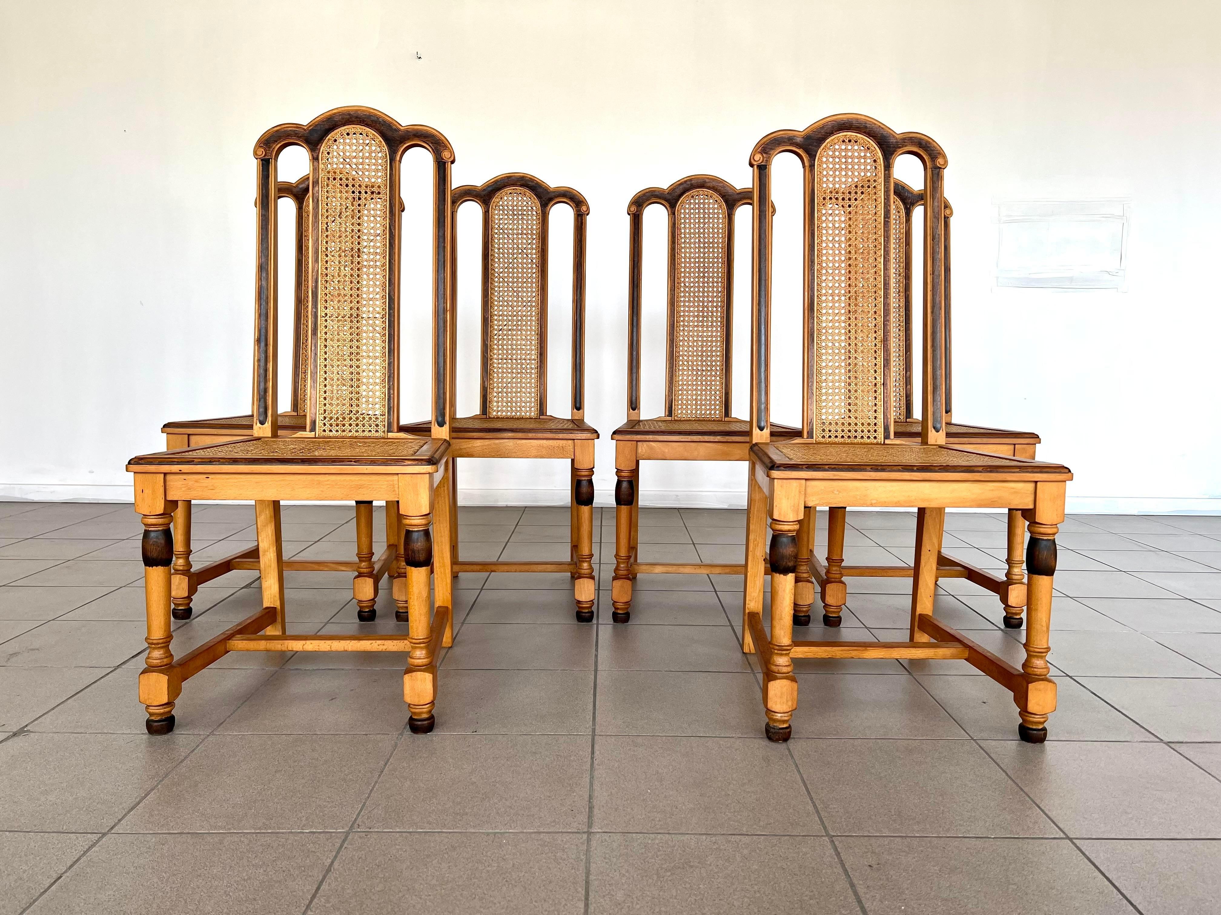 20th Century French Farmhouse Style Oak Cane Dining Chairs - Set of 6 For Sale