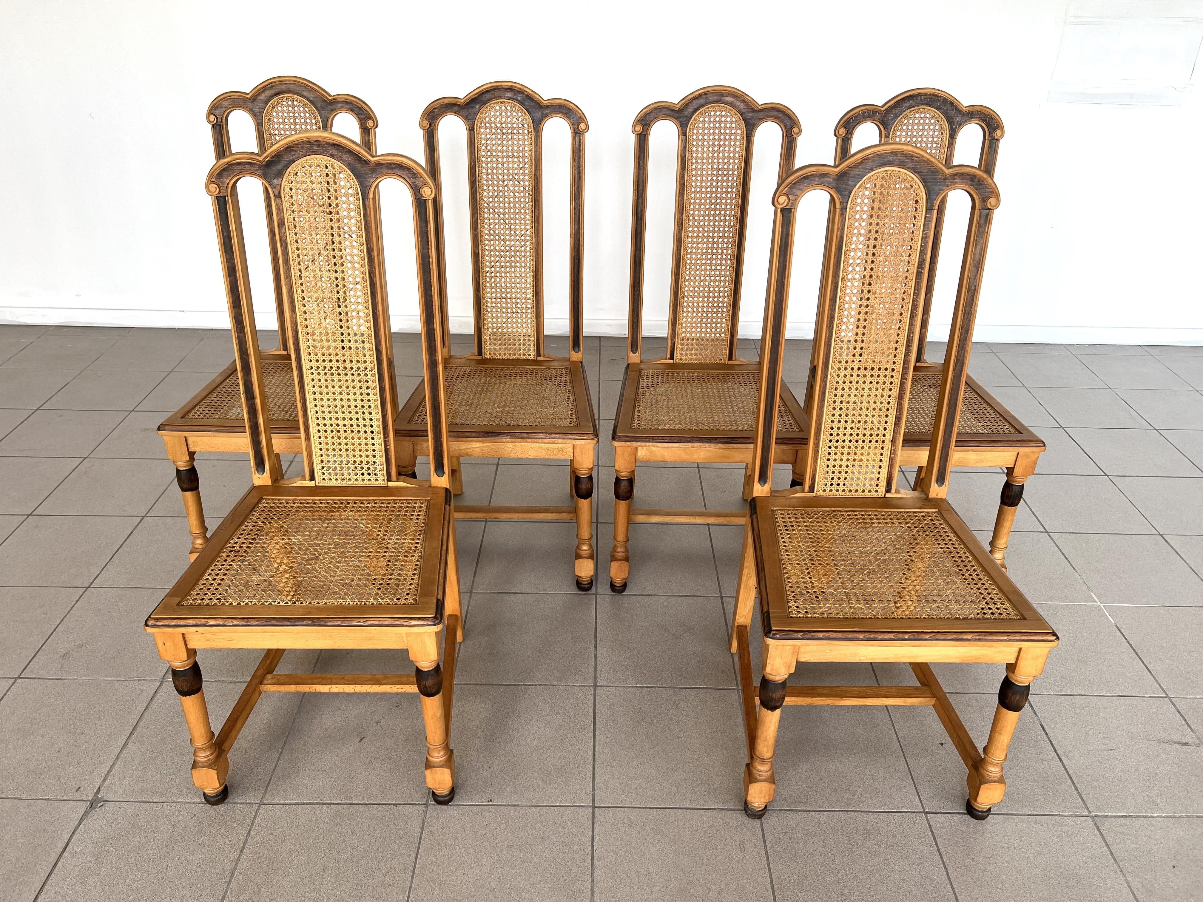 French Farmhouse Style Oak Cane Dining Chairs - Set of 6 For Sale 1