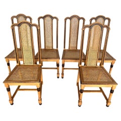 Retro French Farmhouse Style Oak Cane Dining Chairs - Set of 6