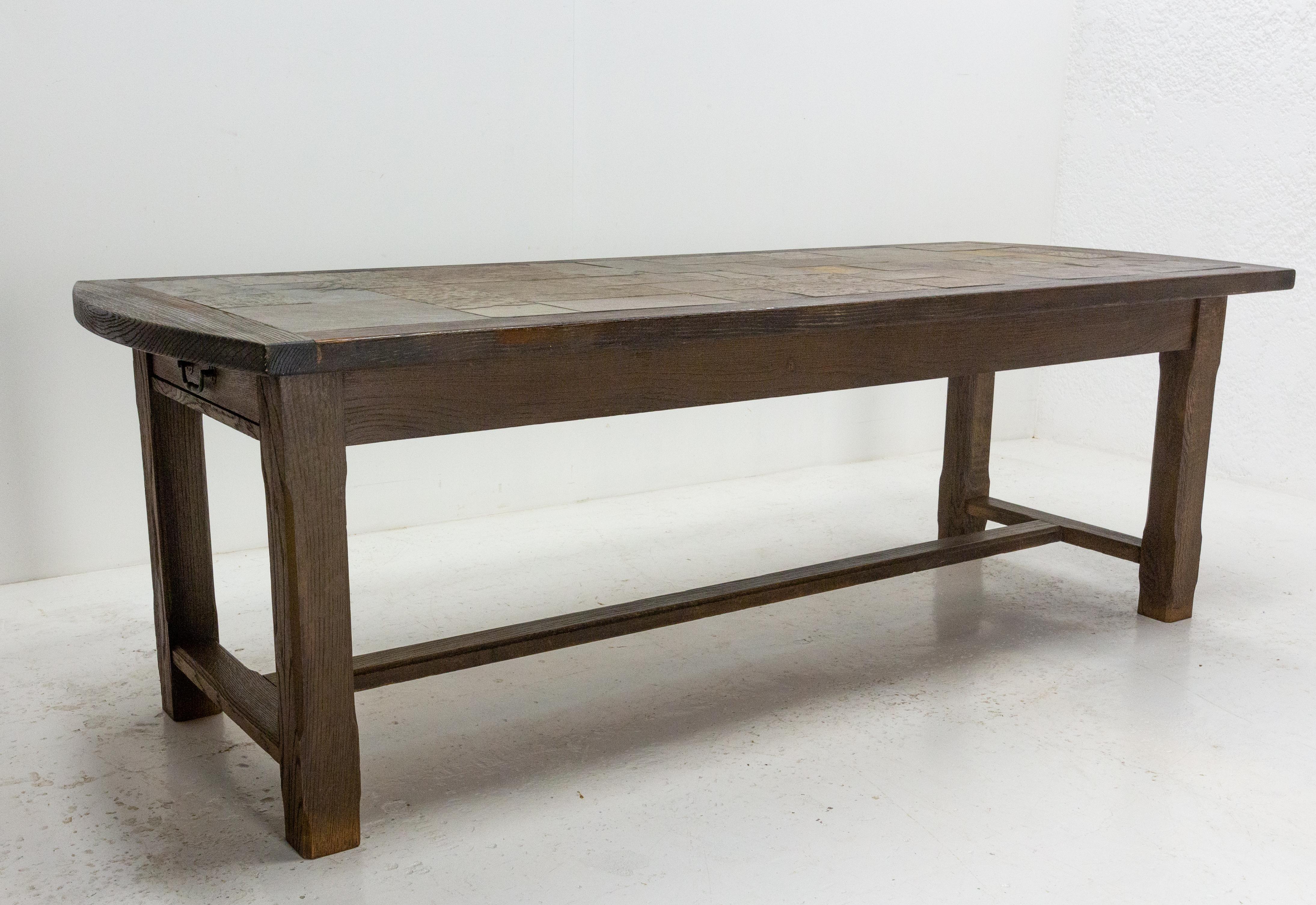 Mid-20th Century French Farmhouse Table Refectory Shaker Style Stone Tiled Top Mid Century