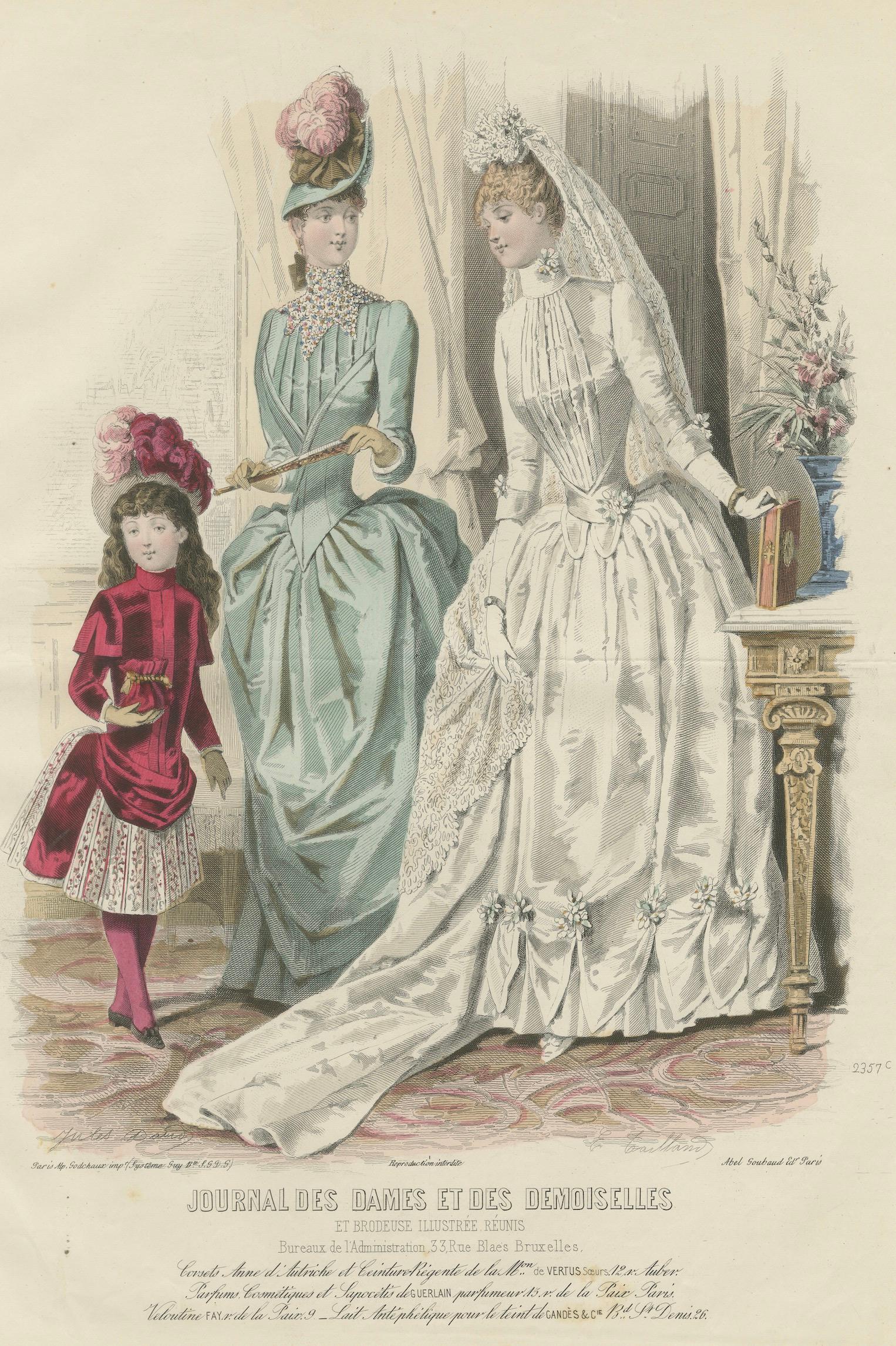 French Fashion Print, Bridal Scene with Ladies & Child, c.1887