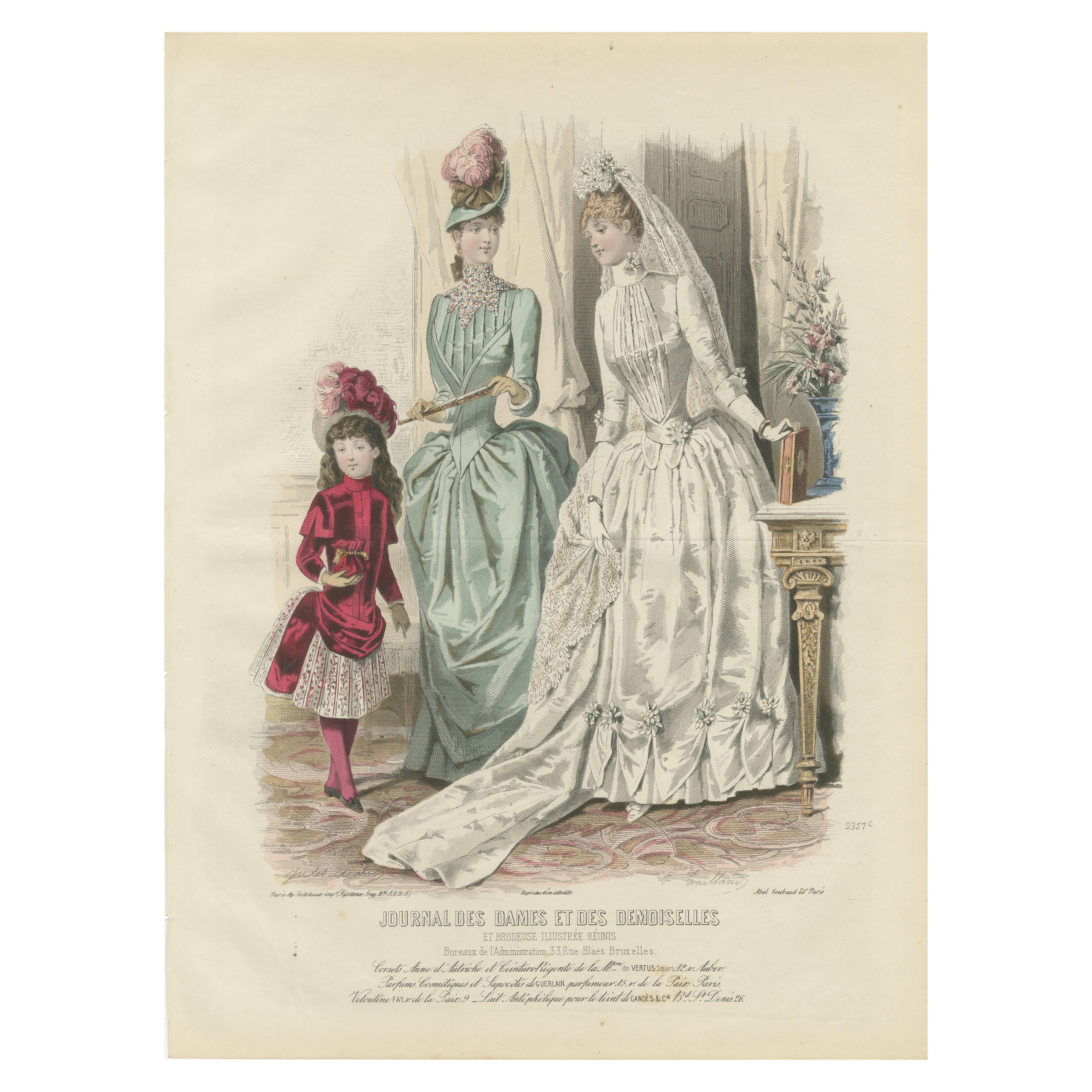 French Fashion Print, Bridal Scene with Ladies & Child, c.1887