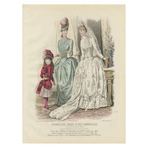 French Fashion Print, Bridal Scene with Ladies & Child, c.1887