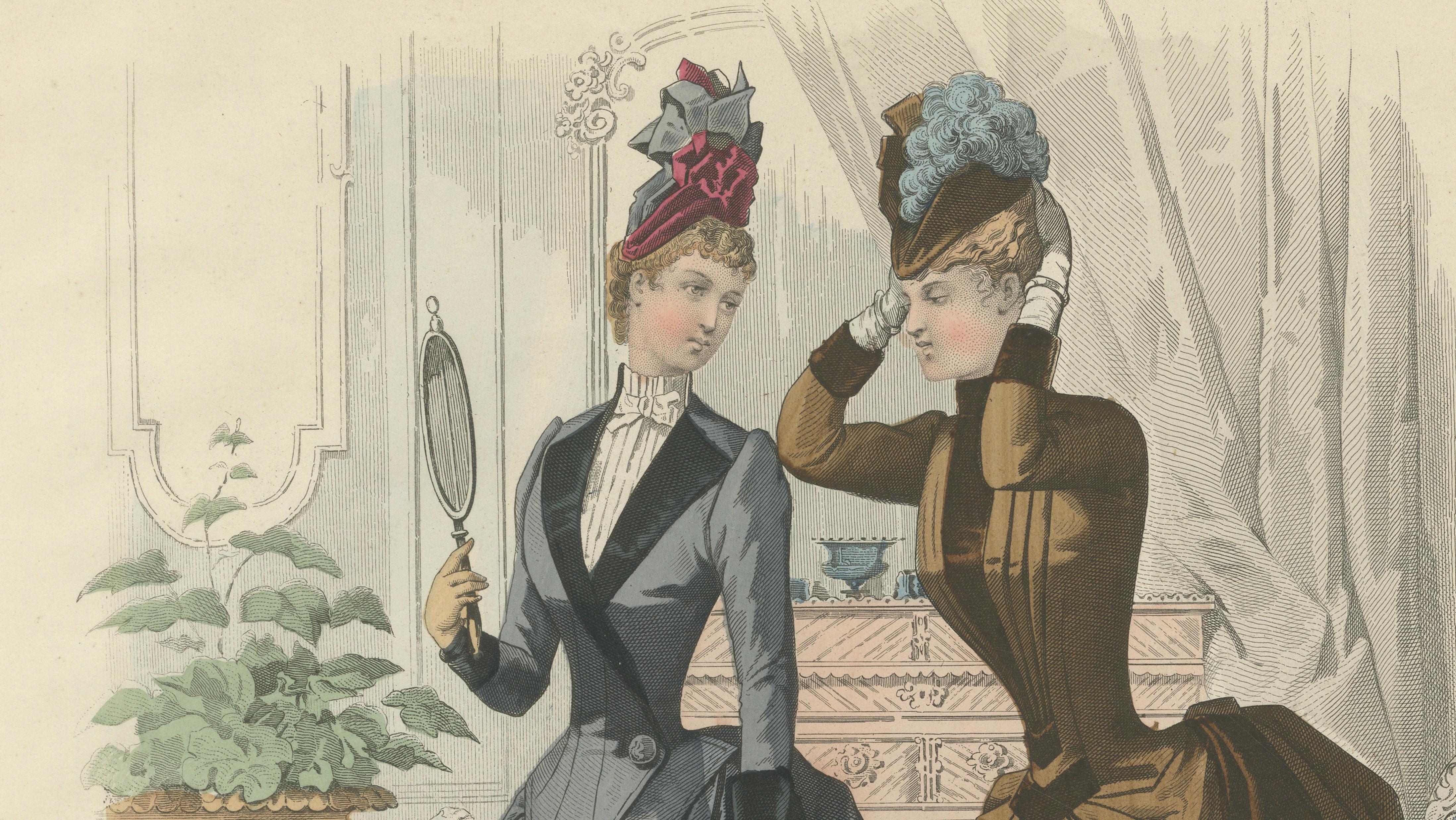 French Fashion Print, Interior Mirror Scene, Parisian Ladies, c.1887