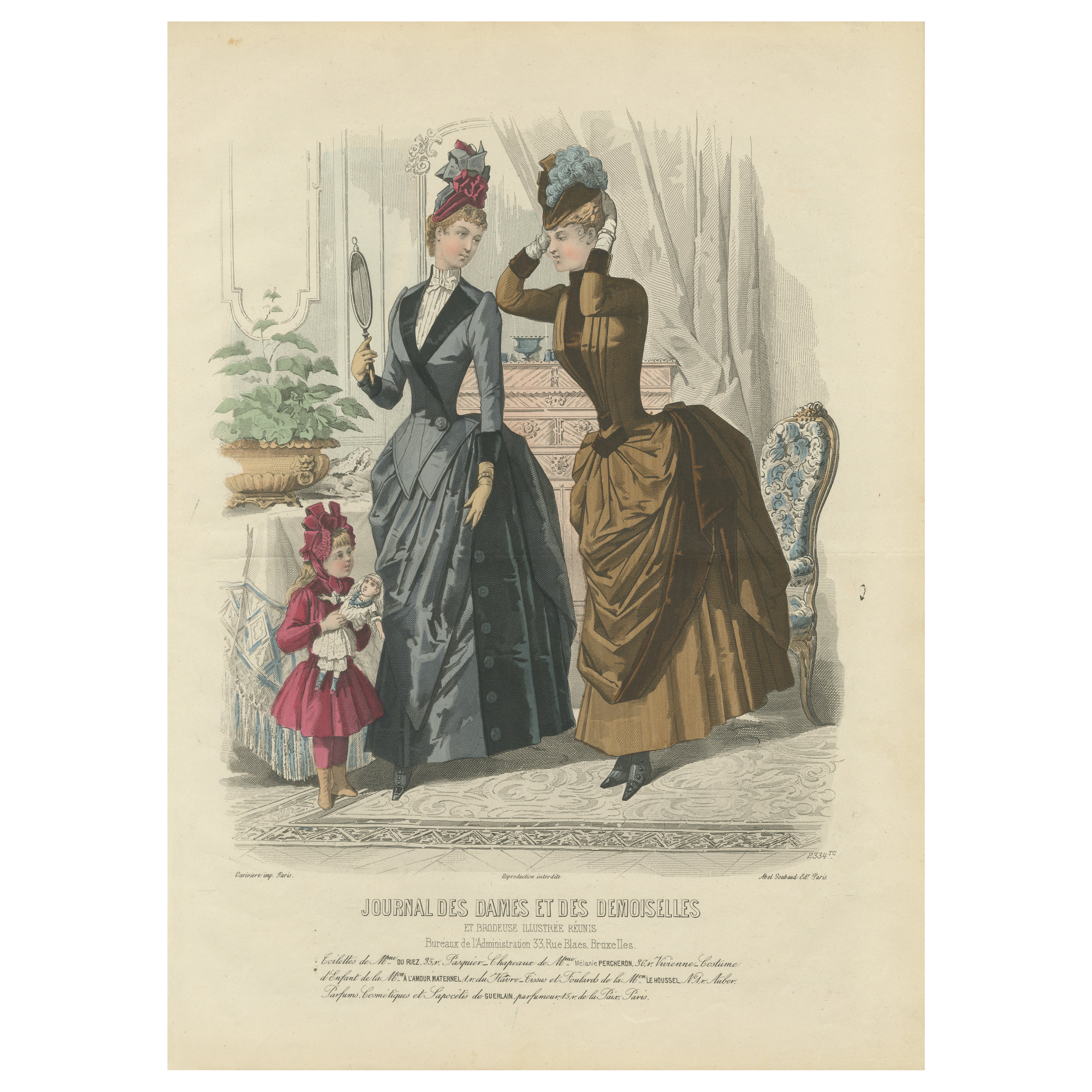 French Fashion Print, Interior Mirror Scene, Parisian Ladies, c.1887