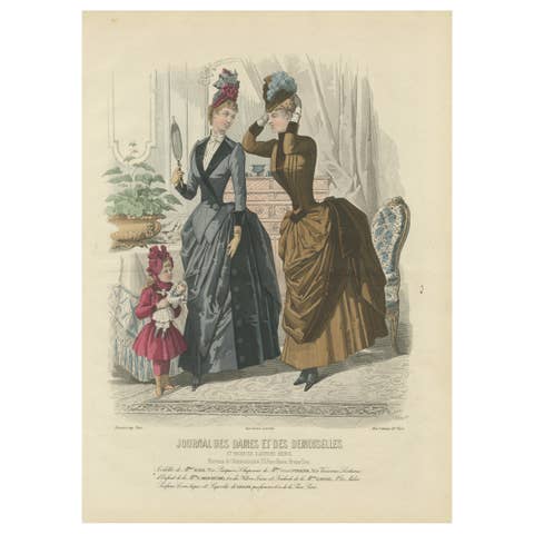 French Fashion Print, Interior Mirror Scene, Parisian Ladies, c.1887