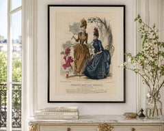 French Fashion Print, Ladies with Parasol & Child Scene, Hand-Colored, c.1887