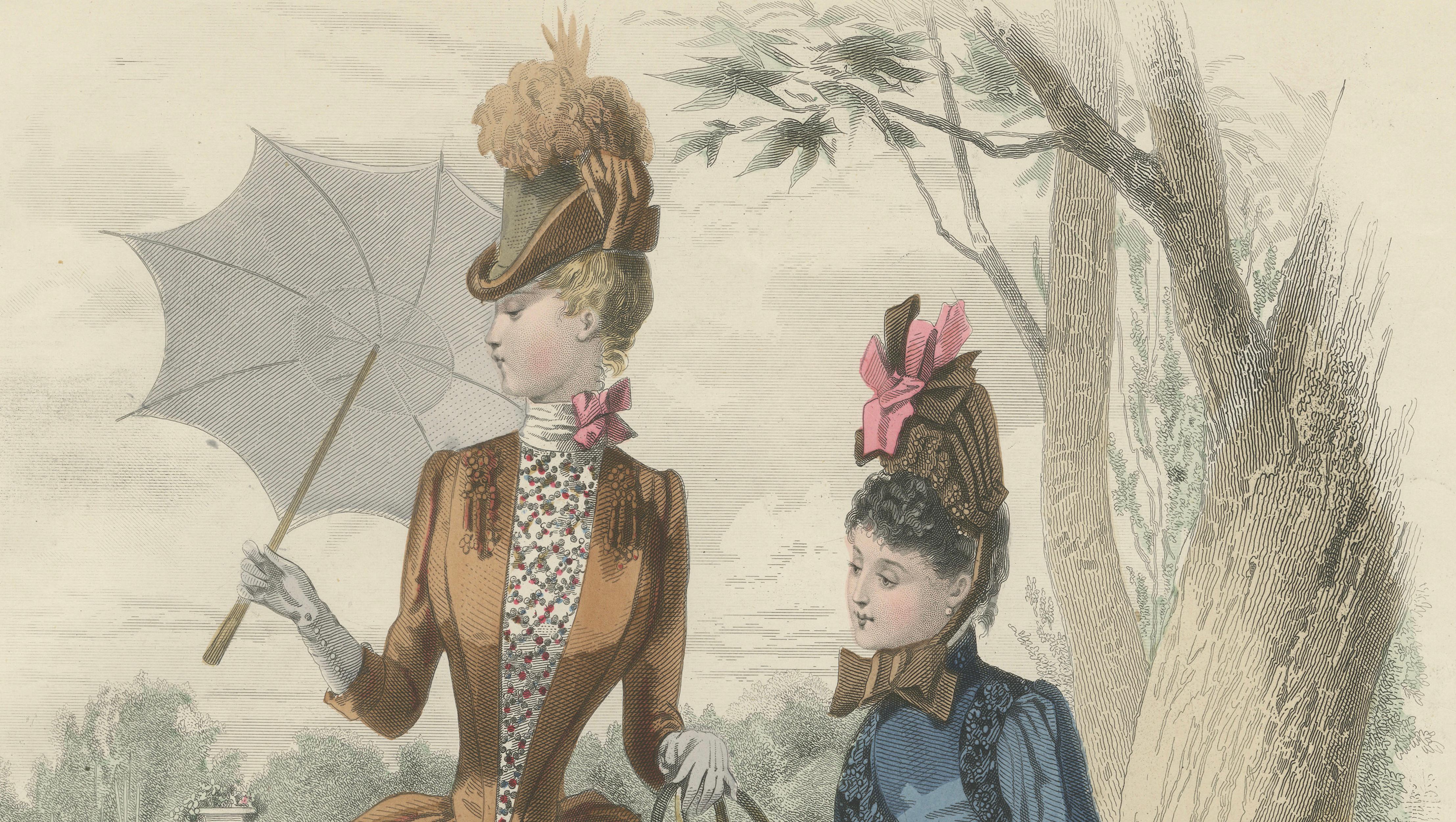 French Fashion Print, Ladies with Parasol & Child Scene, Hand-Colored, c.1887