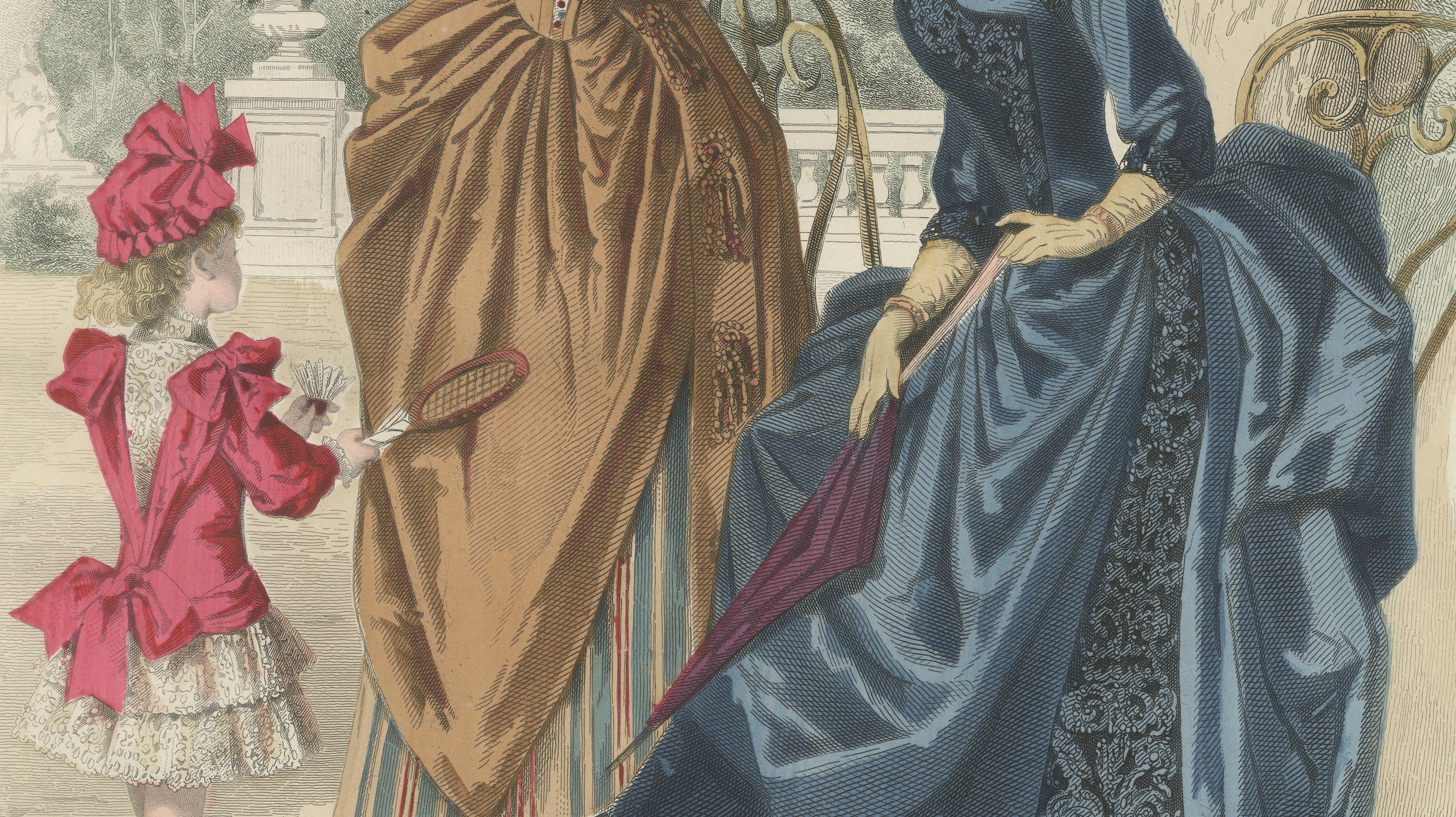 French Fashion Print, Ladies with Parasol & Child Scene, Hand-Colored, c.1887