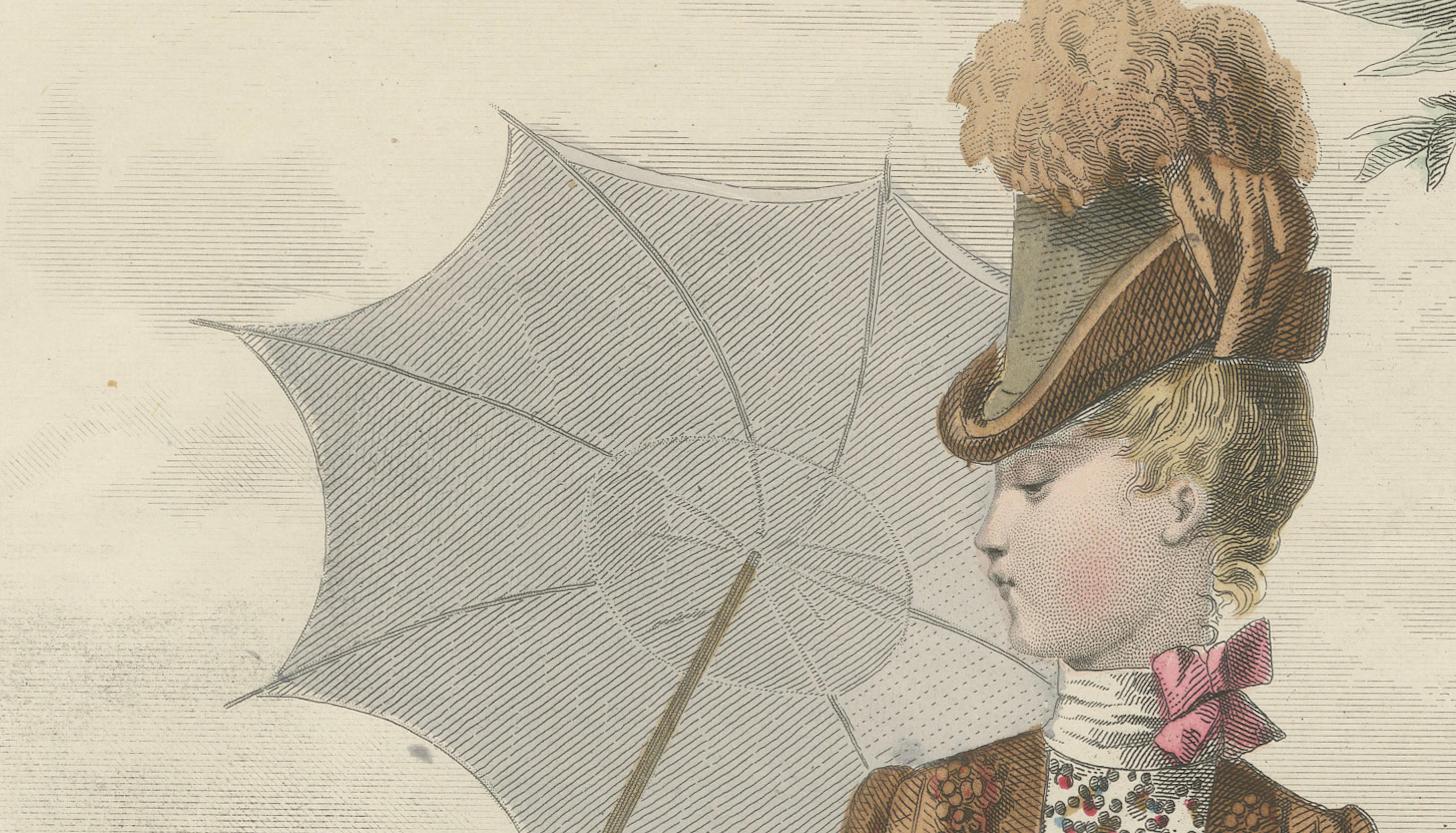 French Fashion Print, Ladies with Parasol & Child Scene, Hand-Colored, c.1887