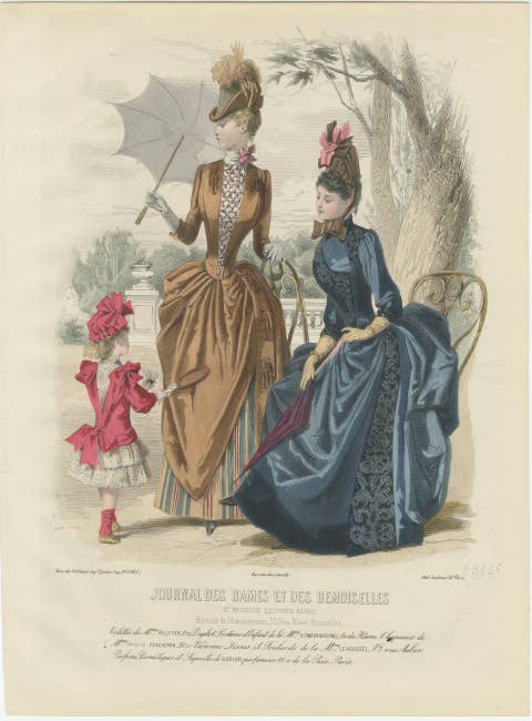 French Fashion Print, Ladies with Parasol & Child Scene, Hand-Colored, c.1887