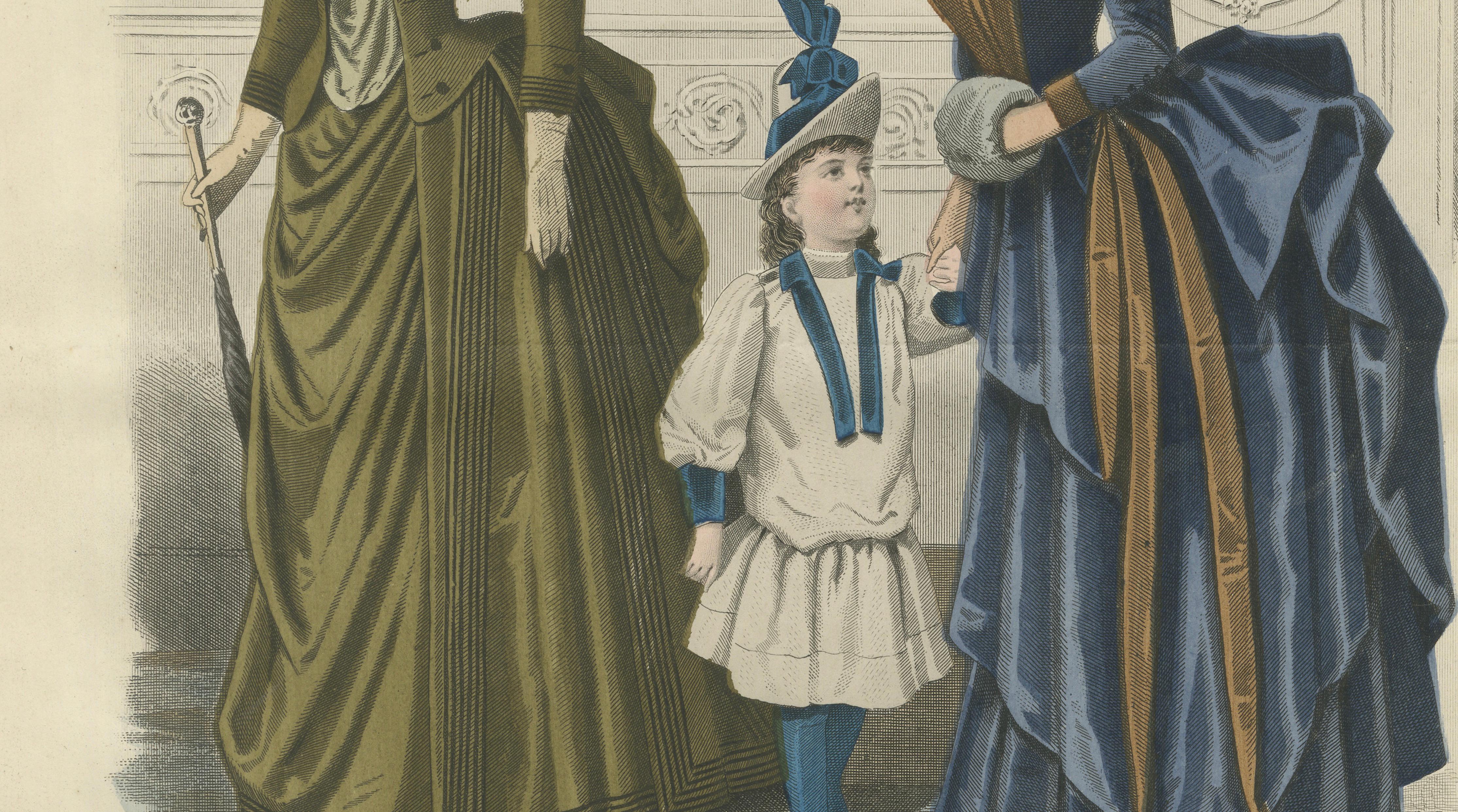 French Fashion Print, Parisian Ladies & Child Interior Scene, c.1887