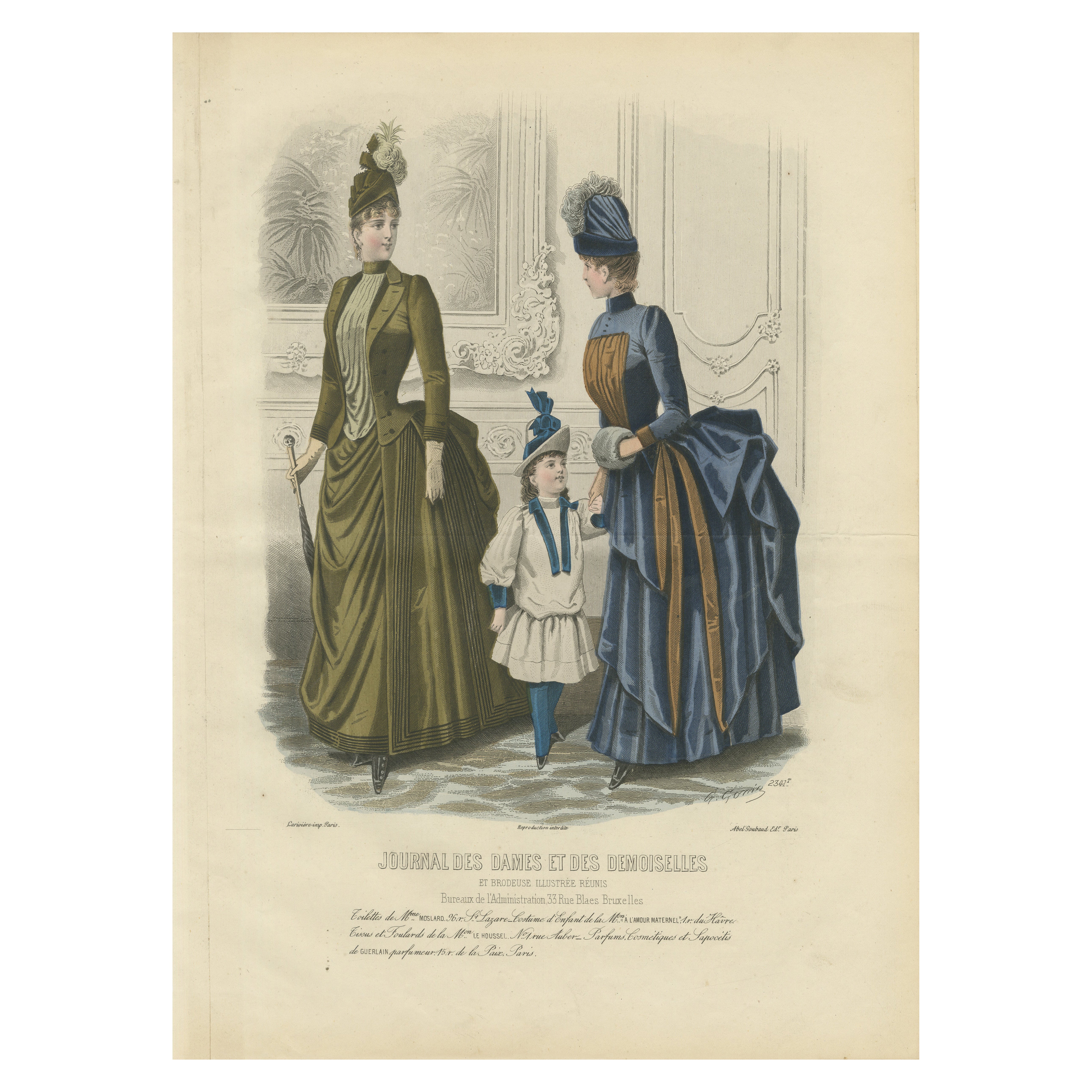 French Fashion Print, Parisian Ladies & Child Interior Scene, c.1887