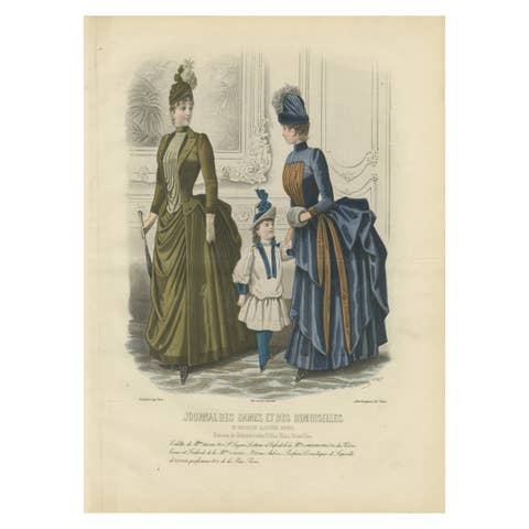 French Fashion Print, Parisian Ladies & Child Interior Scene, c.1887