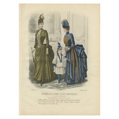French Fashion Print, Parisian Ladies & Child Interior Scene, c.1887
