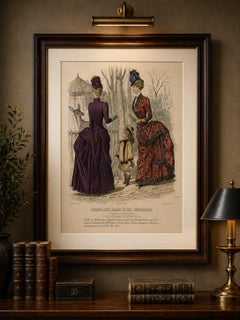 French Fashion Print, Tartan Dress & Child at Zoo, Hand-Colored, c.1887
