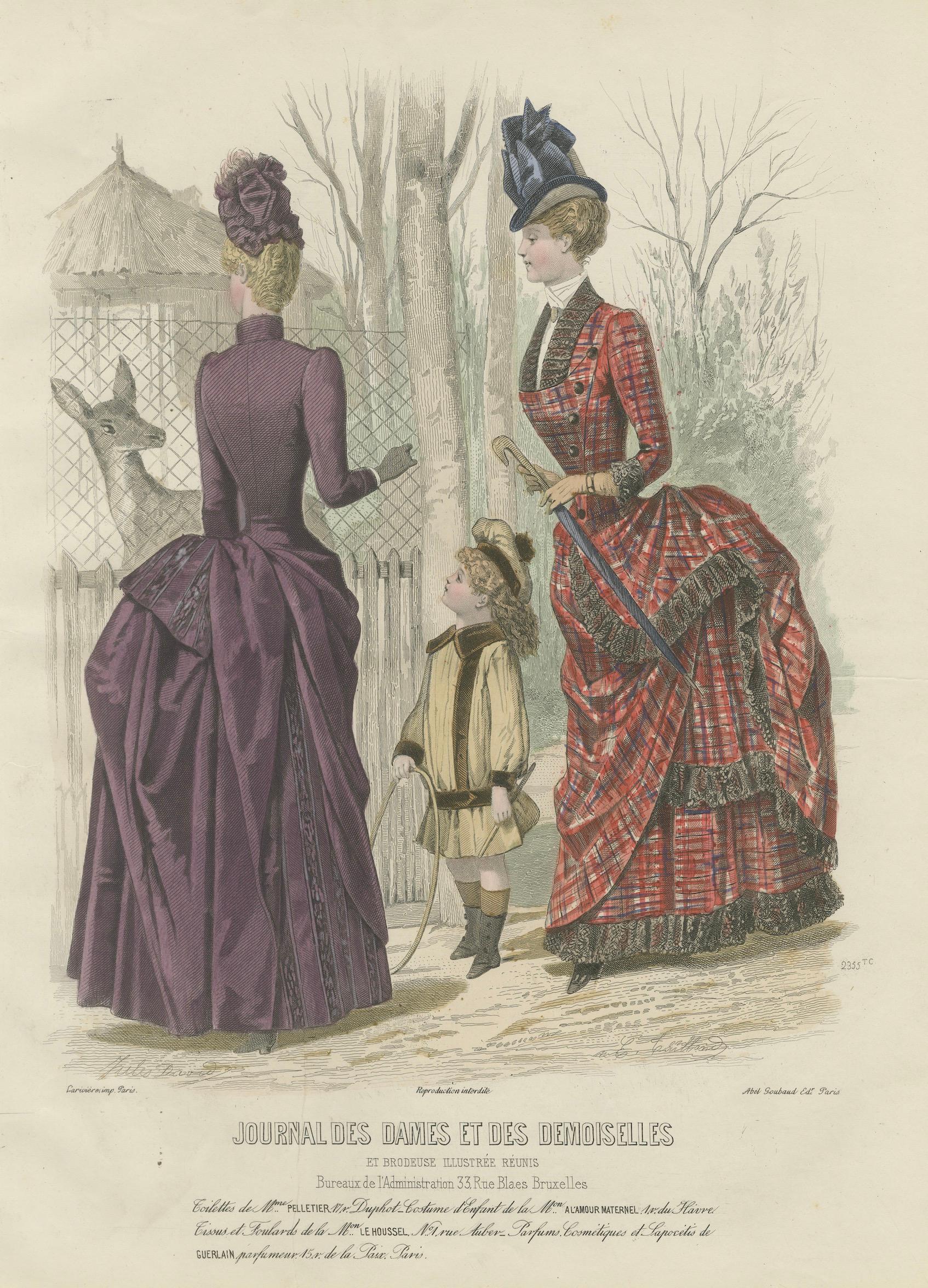 French Fashion Print, Tartan Dress & Child at Zoo, Hand-Colored, c.1887