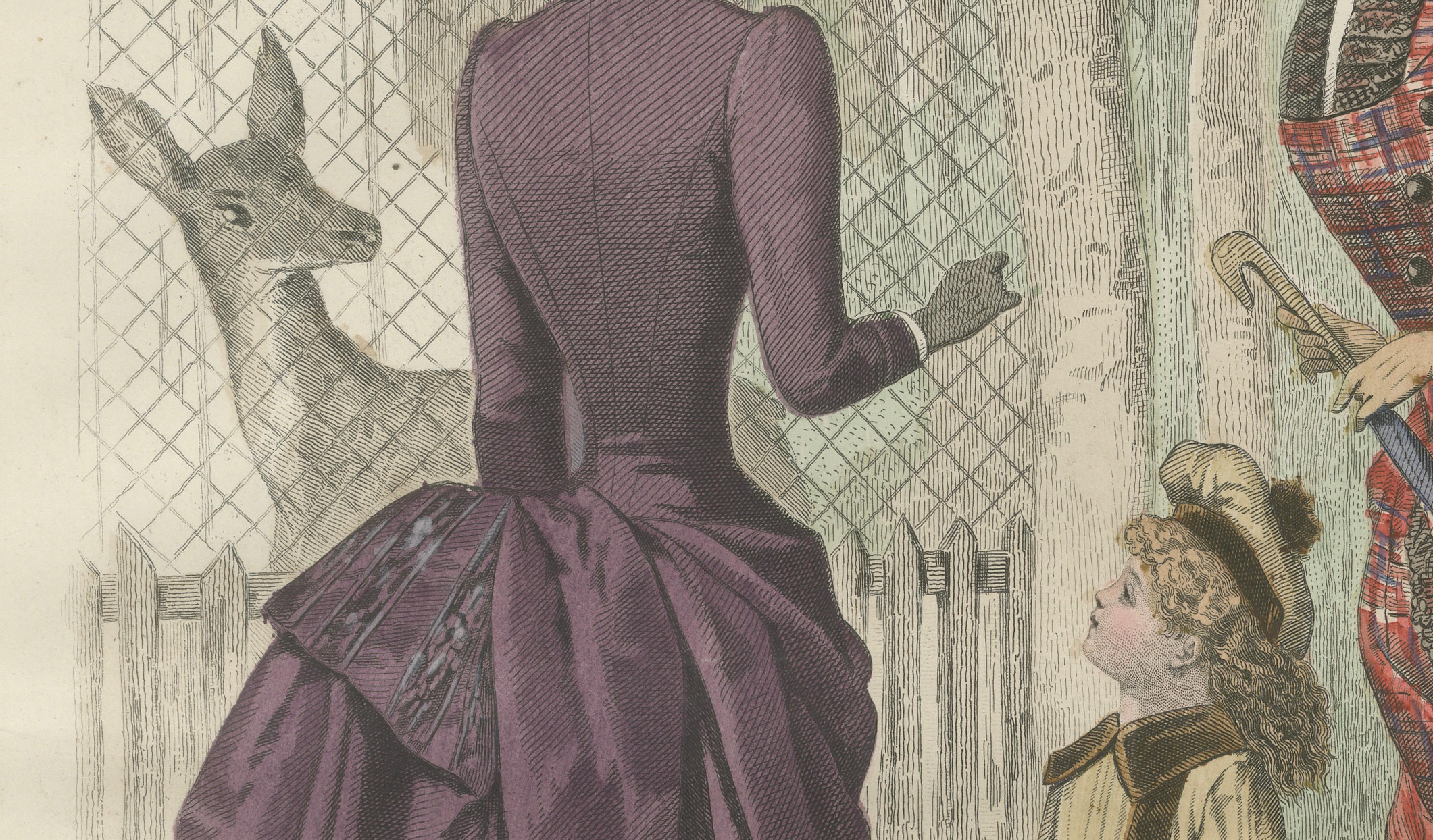 French Fashion Print, Tartan Dress & Child at Zoo, Hand-Colored, c.1887