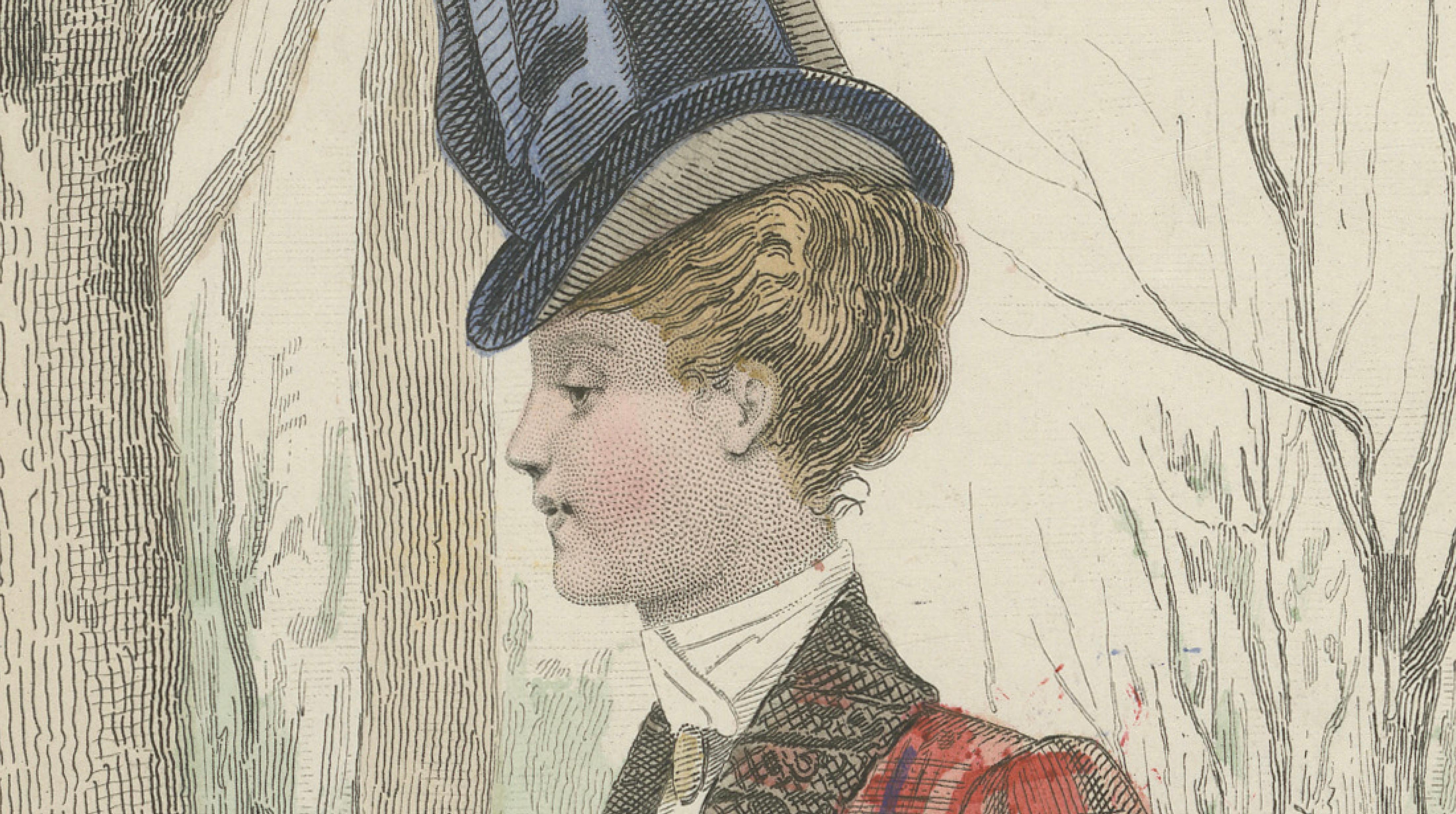French Fashion Print, Tartan Dress & Child at Zoo, Hand-Colored, c.1887
