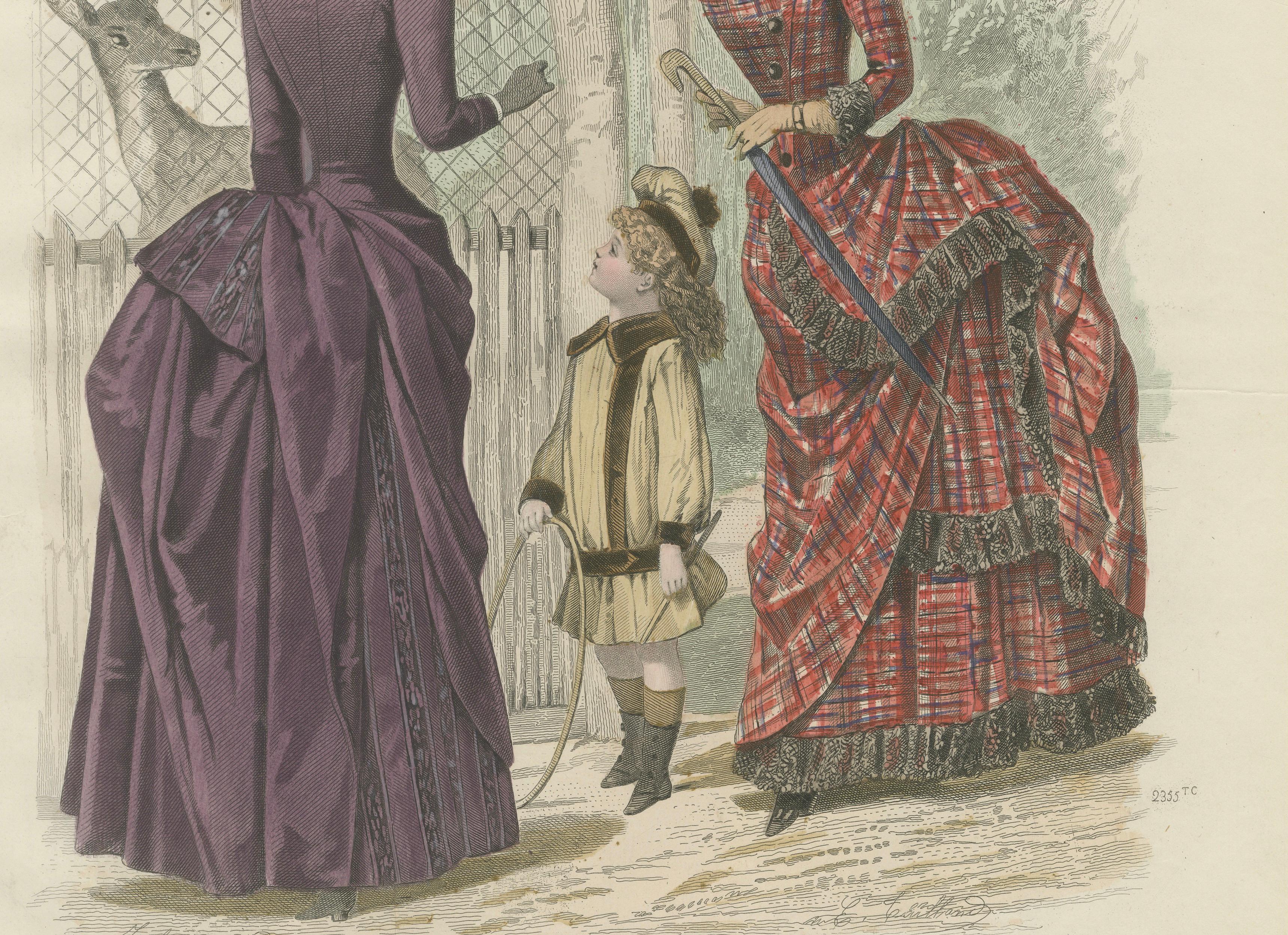French Fashion Print, Tartan Dress & Child at Zoo, Hand-Colored, c.1887