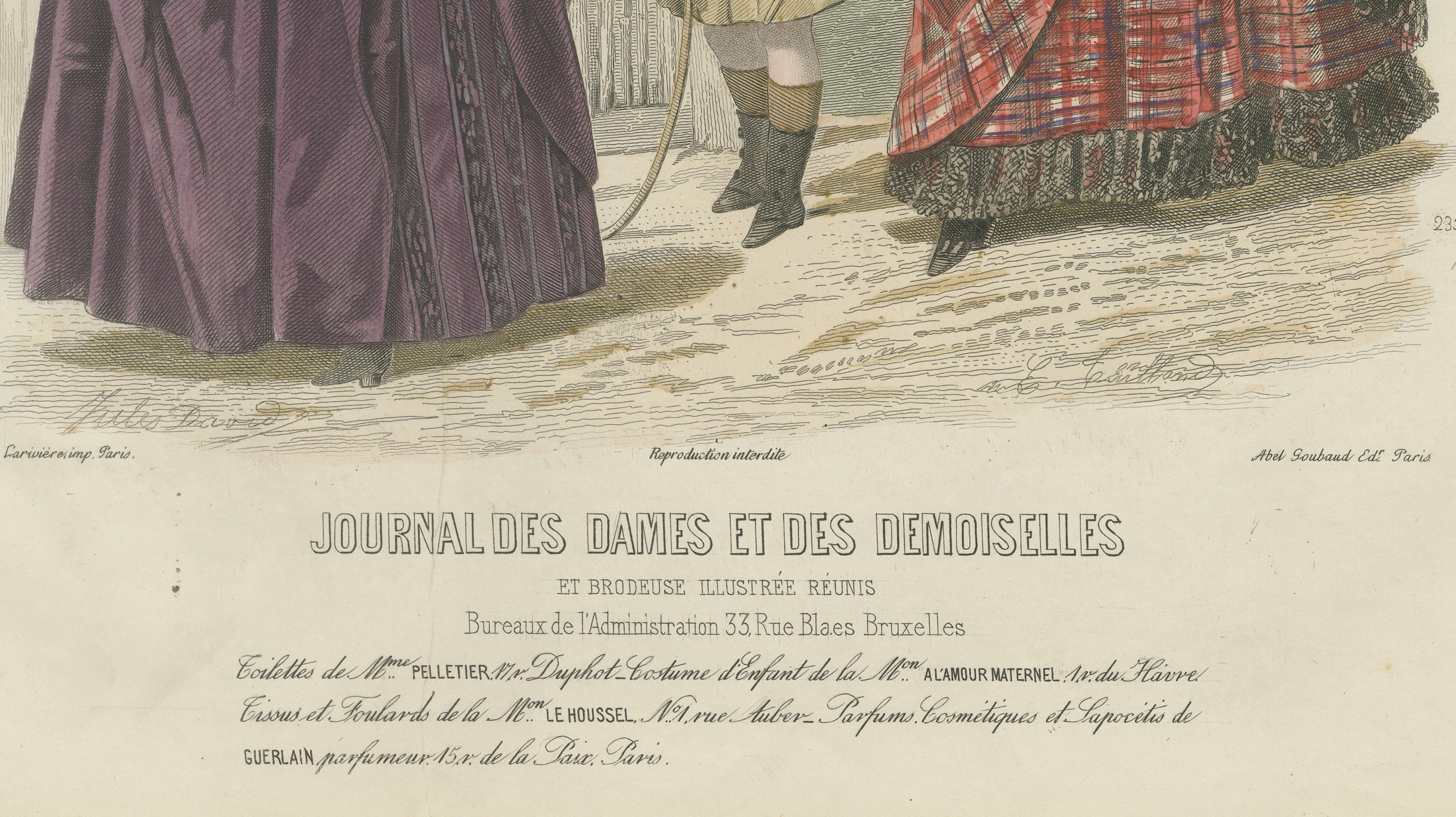 French Fashion Print, Tartan Dress & Child at Zoo, Hand-Colored, c.1887