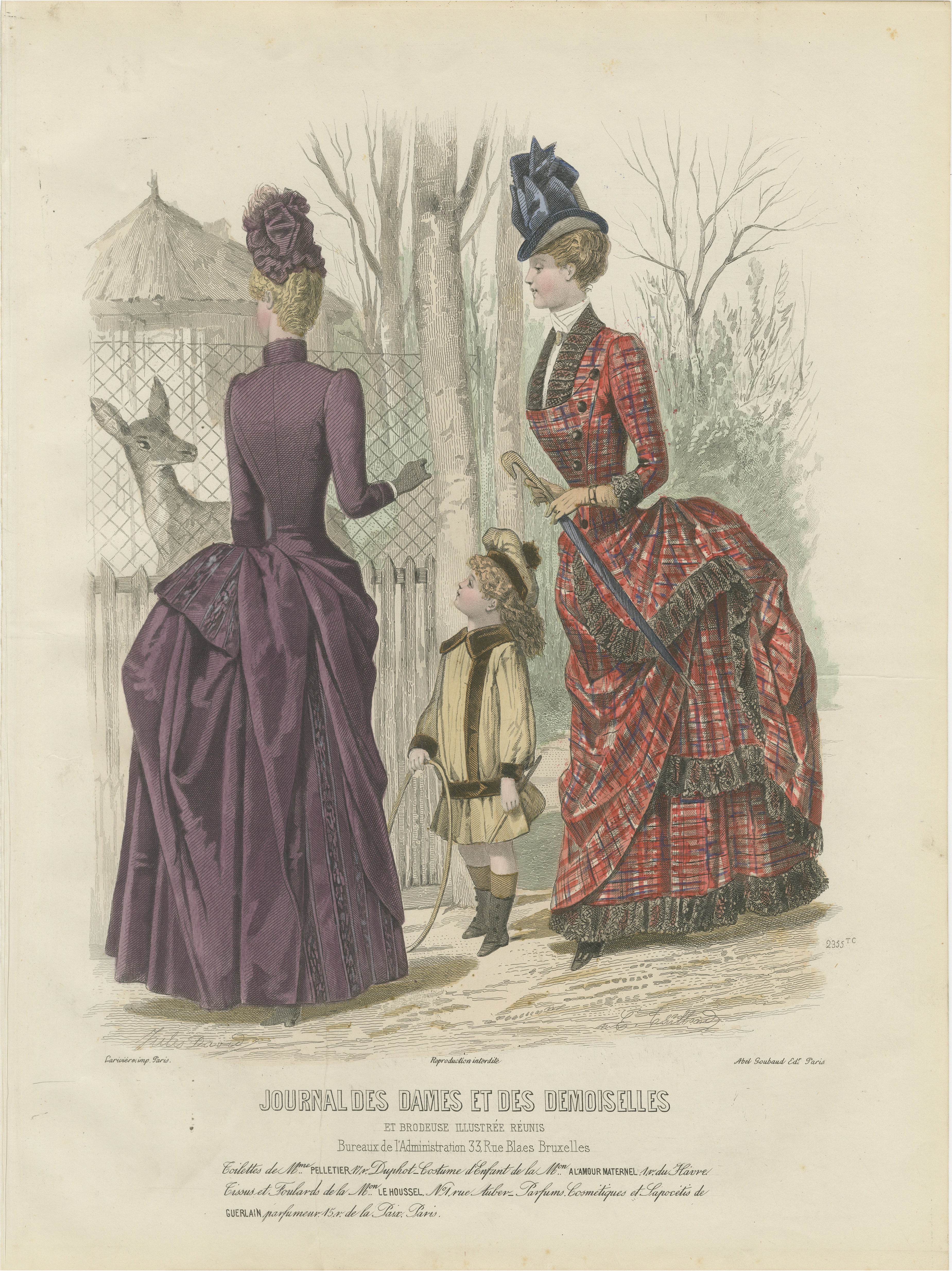 French Fashion Print, Tartan Dress & Child at Zoo, Hand-Colored, c.1887