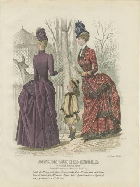 French Fashion Print, Tartan Dress & Child at Zoo, Hand-Colored, c.1887