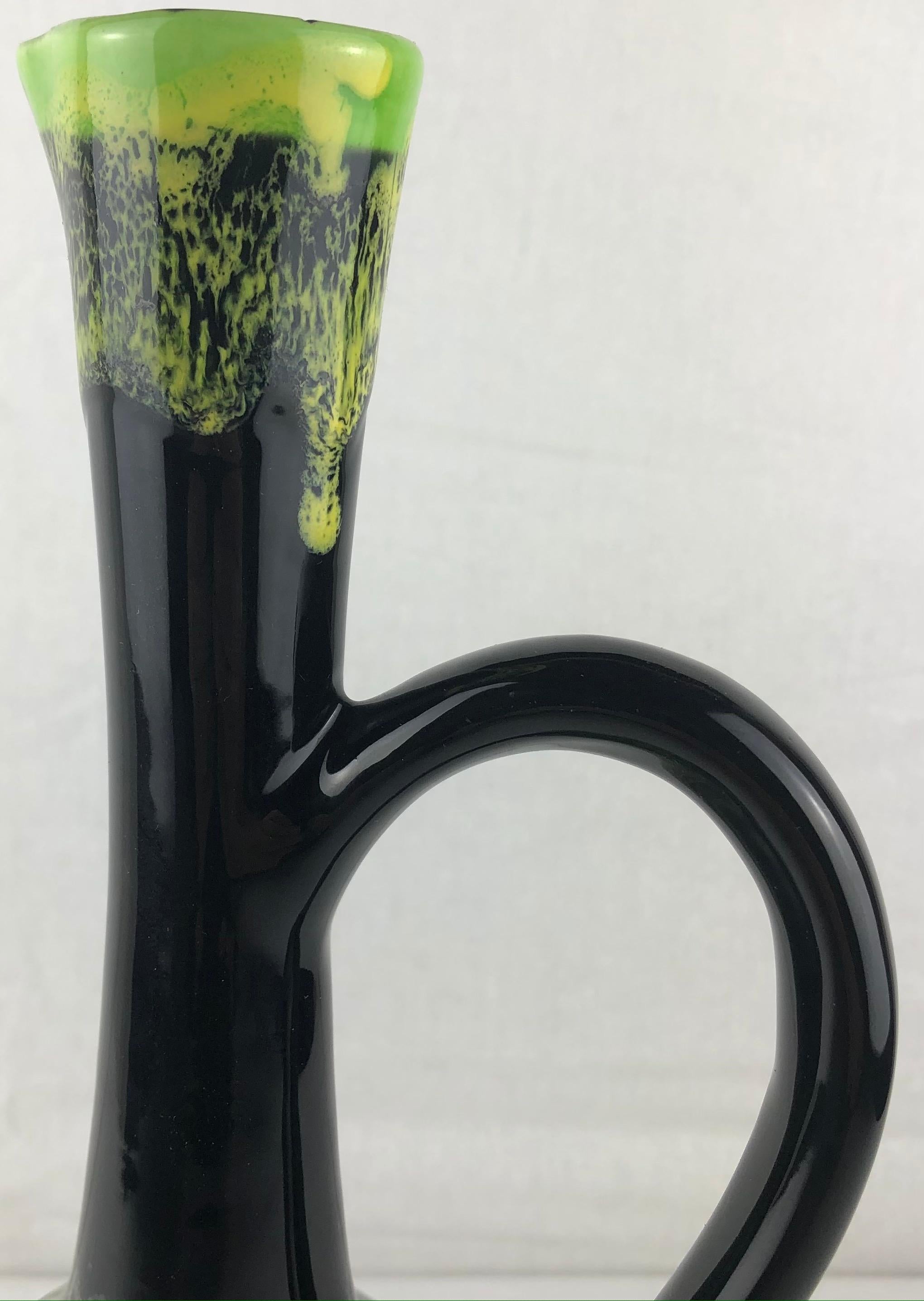 Mid-Century Modern Vallauris Fat Lava Ceramic Black & Green Ceramic Stem Flower Vase For Sale