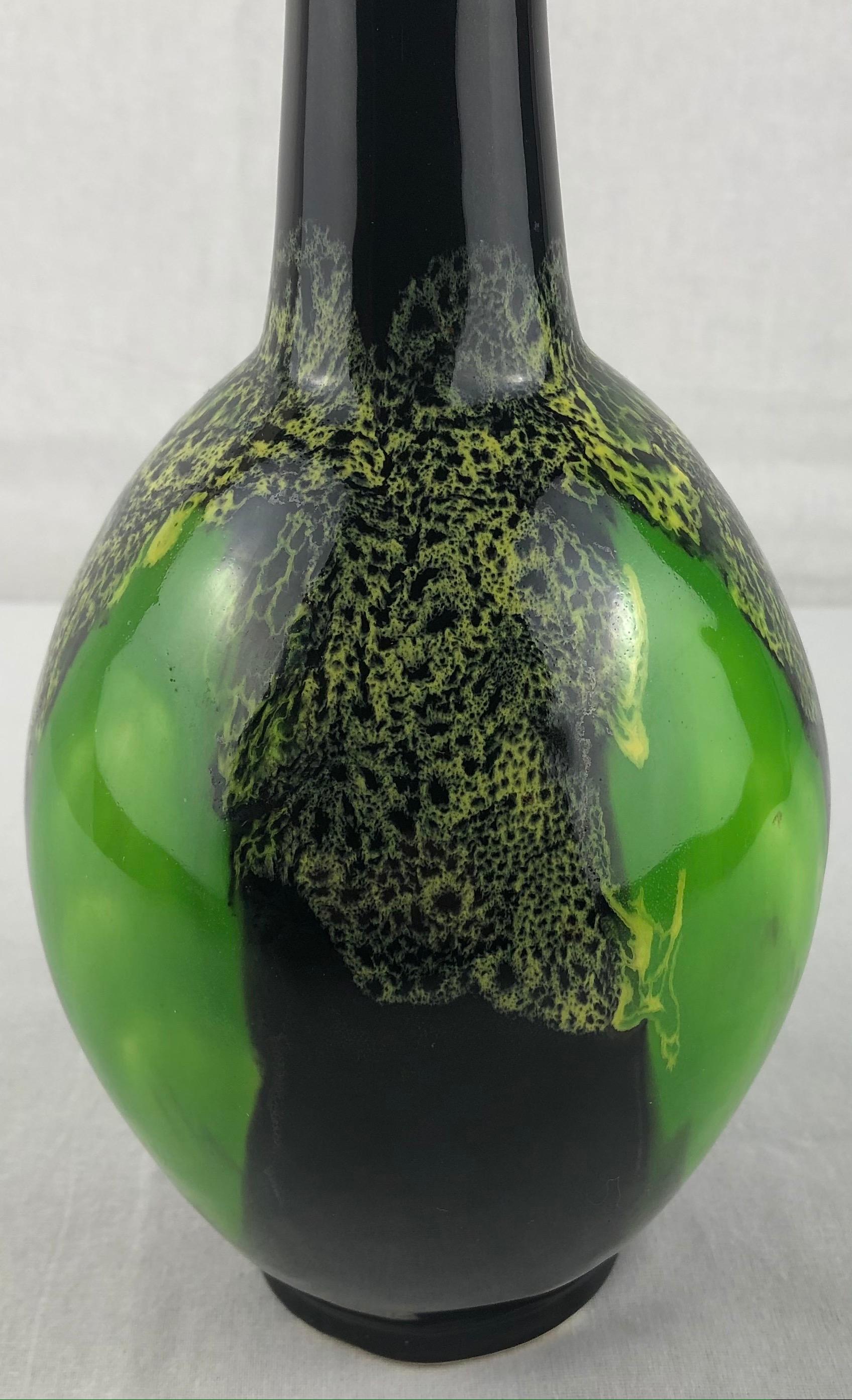 French Vallauris Fat Lava Ceramic Black & Green Ceramic Stem Flower Vase For Sale