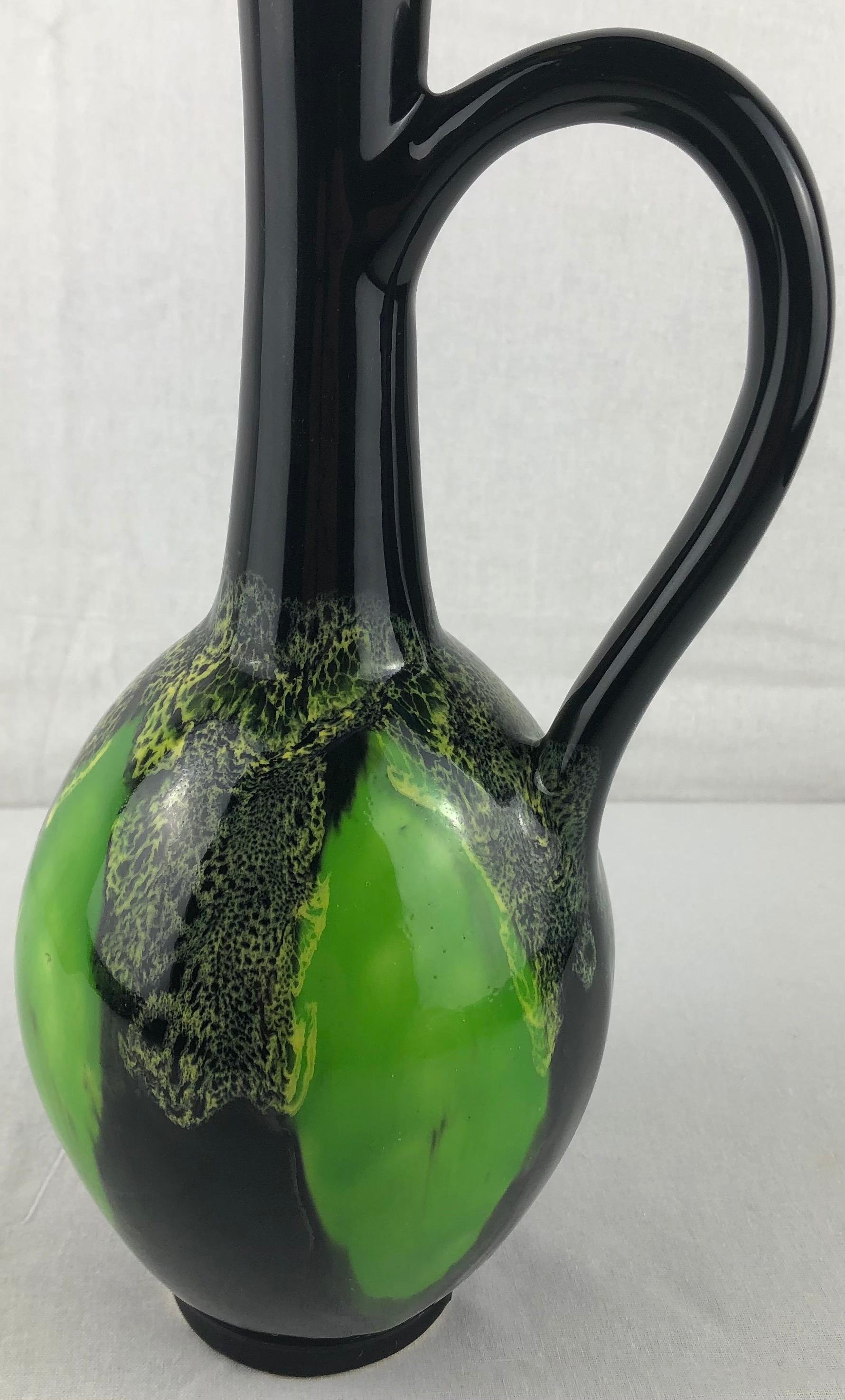 Hand-Crafted Vallauris Fat Lava Ceramic Black & Green Ceramic Stem Flower Vase