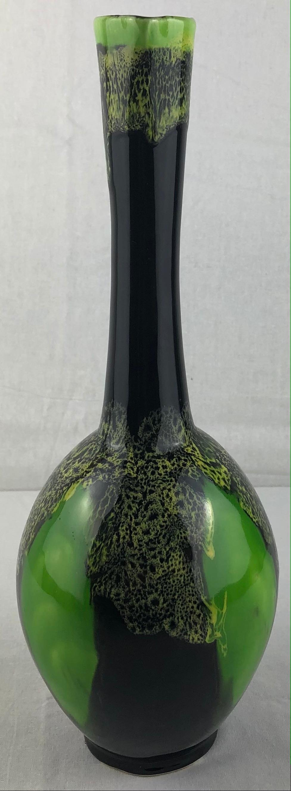 20th Century Vallauris Fat Lava Ceramic Black & Green Ceramic Stem Flower Vase For Sale