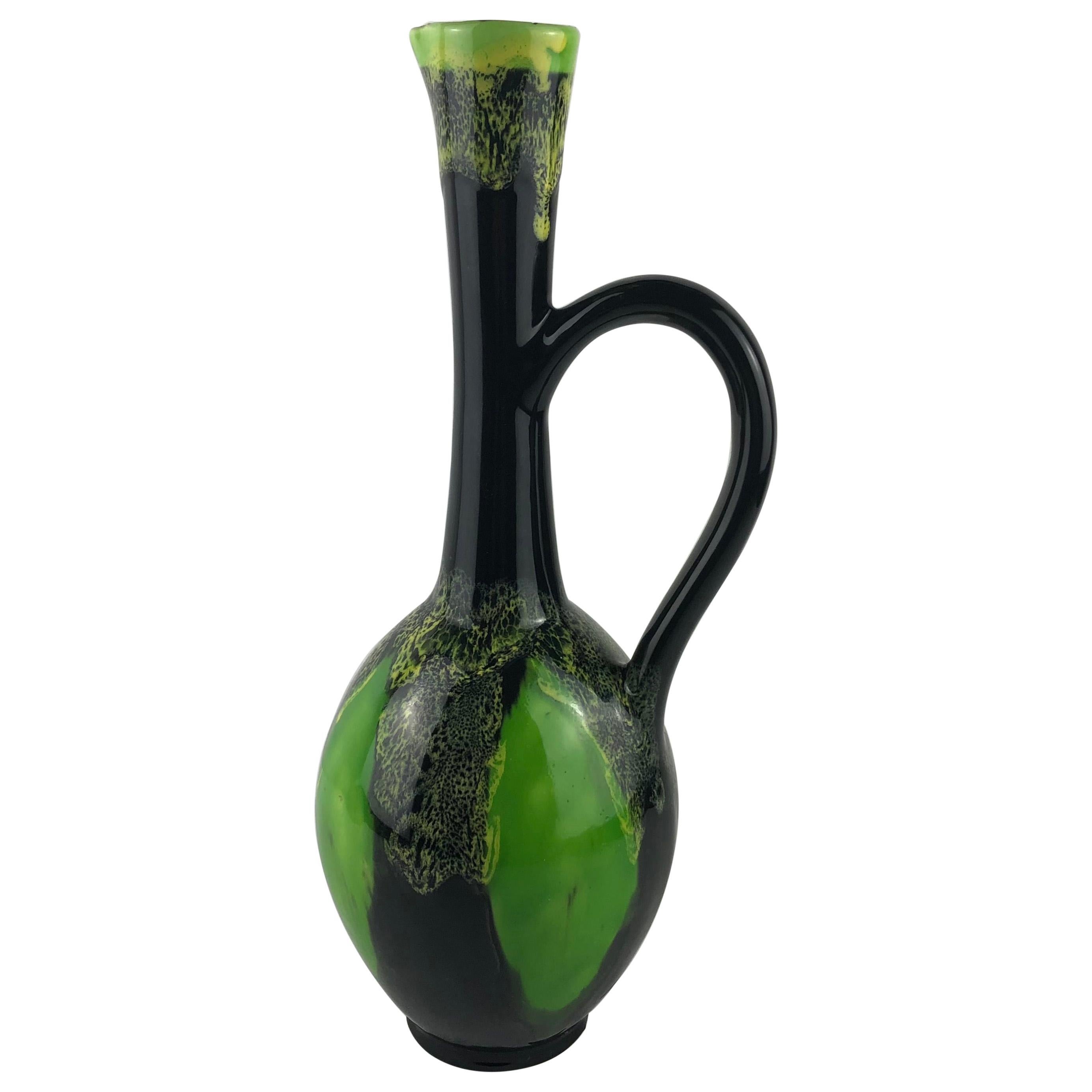 Vase à fleurs à tige en céramique noire et verte de lave grasse Vallauris