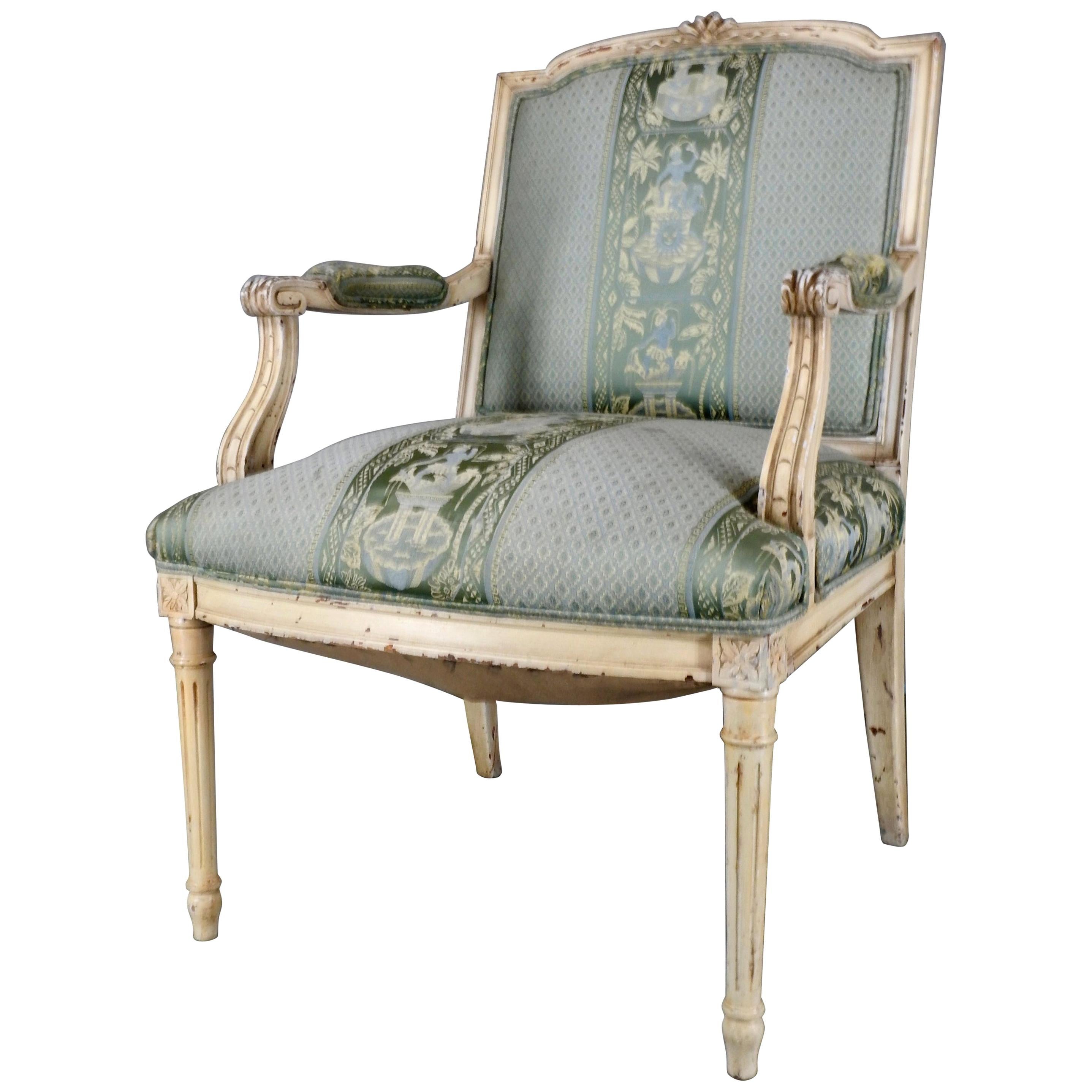 French Fauteuil Armchair with Silk Upholstery For Sale