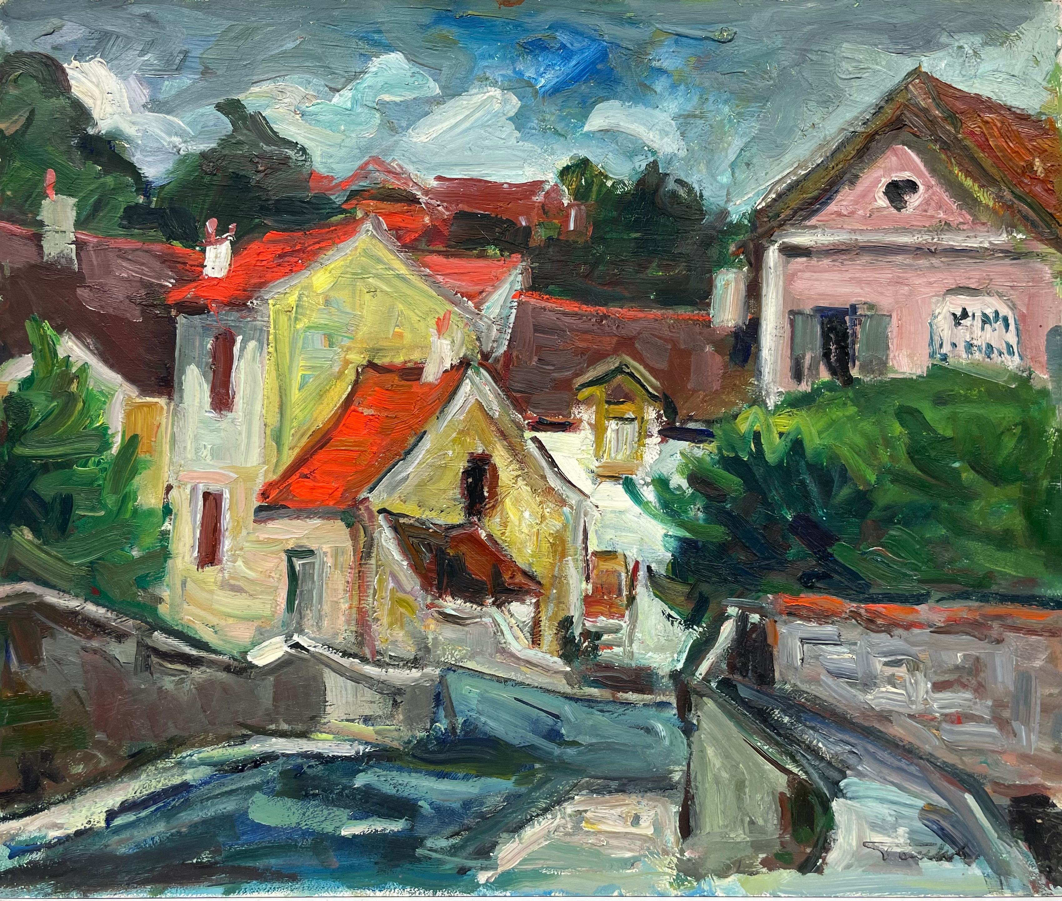 Olio francese fauvista del 1950 firmato Scena di case rosa con tetti rossi - Painting di French Fauvist